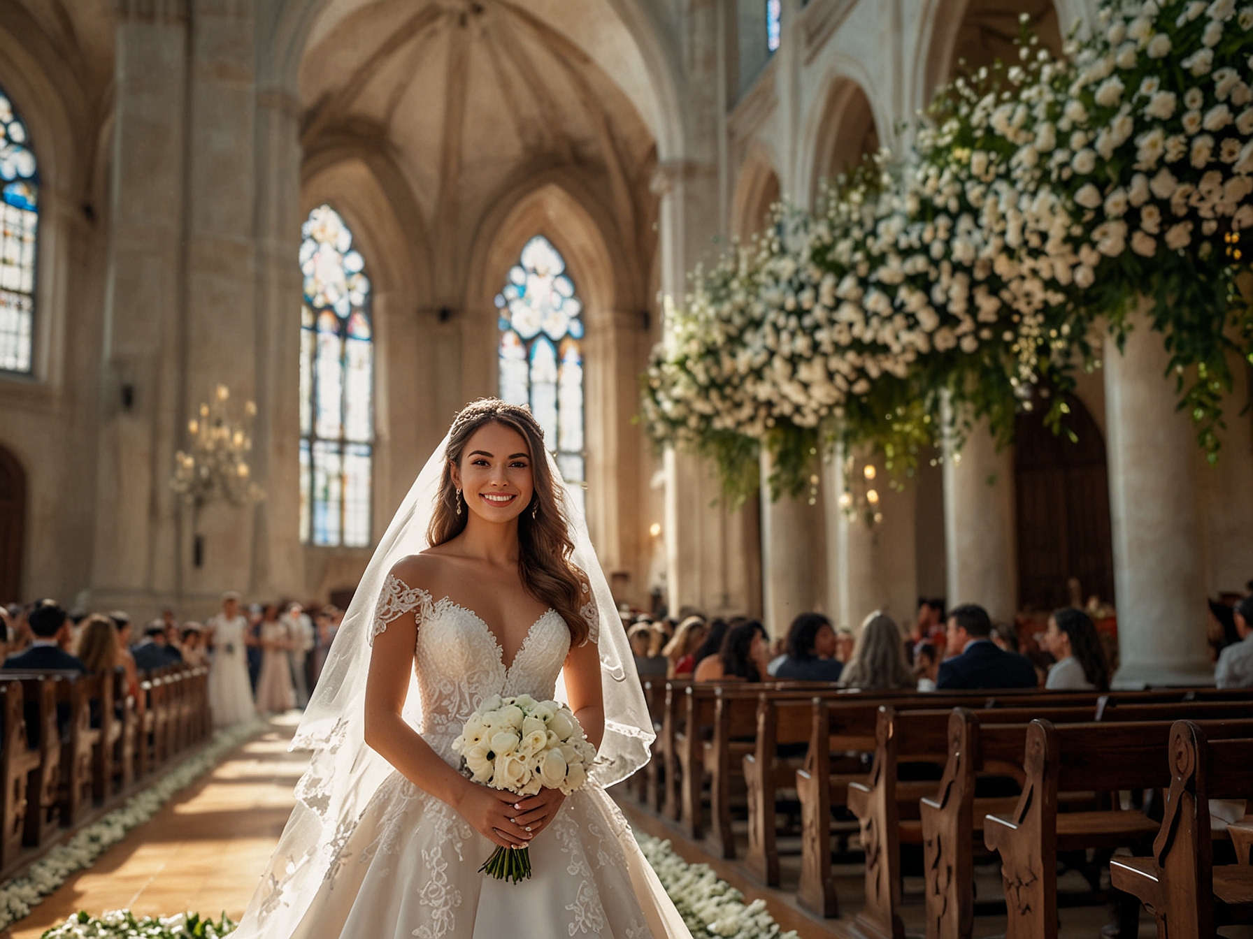 The radiant couple, Taína Laurino and Georgie Neuss, exchanging vows with heartfelt smiles and laughter, embodying the joy of their special day.