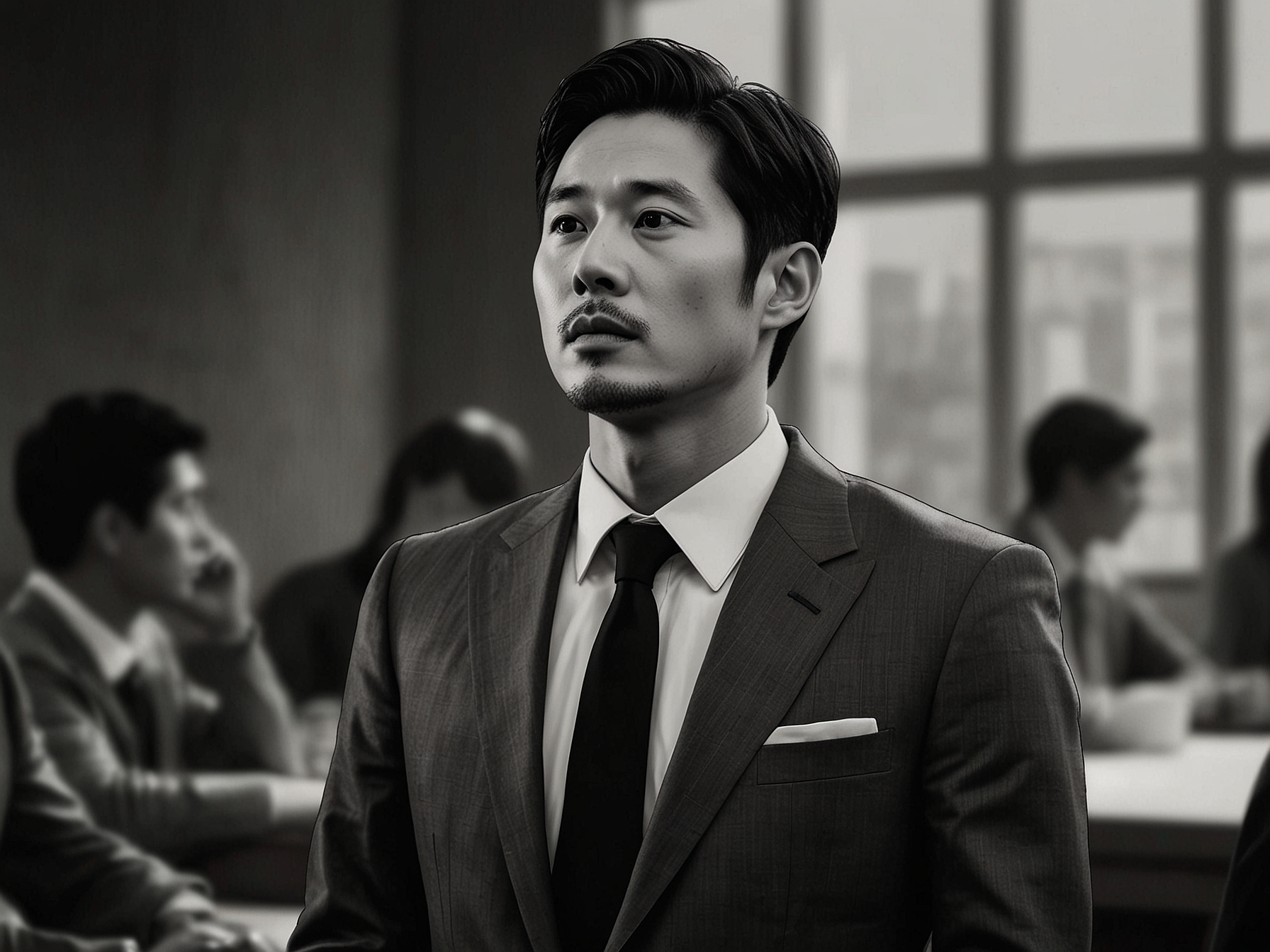 A thoughtful Jung Woo-sung gazes into the distance, embodying his reflections on fatherhood and celebrity relationships, with an audience captivated by his journey. He is dressed in a formal suit, hinting at his upcoming appearance at the Blue Dragon Awards.