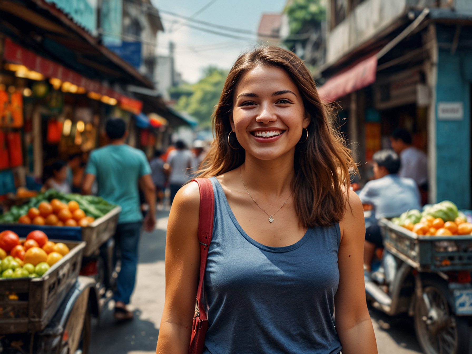 A vibrant scene of Jimena Barón smiling as she explores the streets of Bangkok, surrounded by colorful street vendors and bustling markets, representing her adventurous spirit.