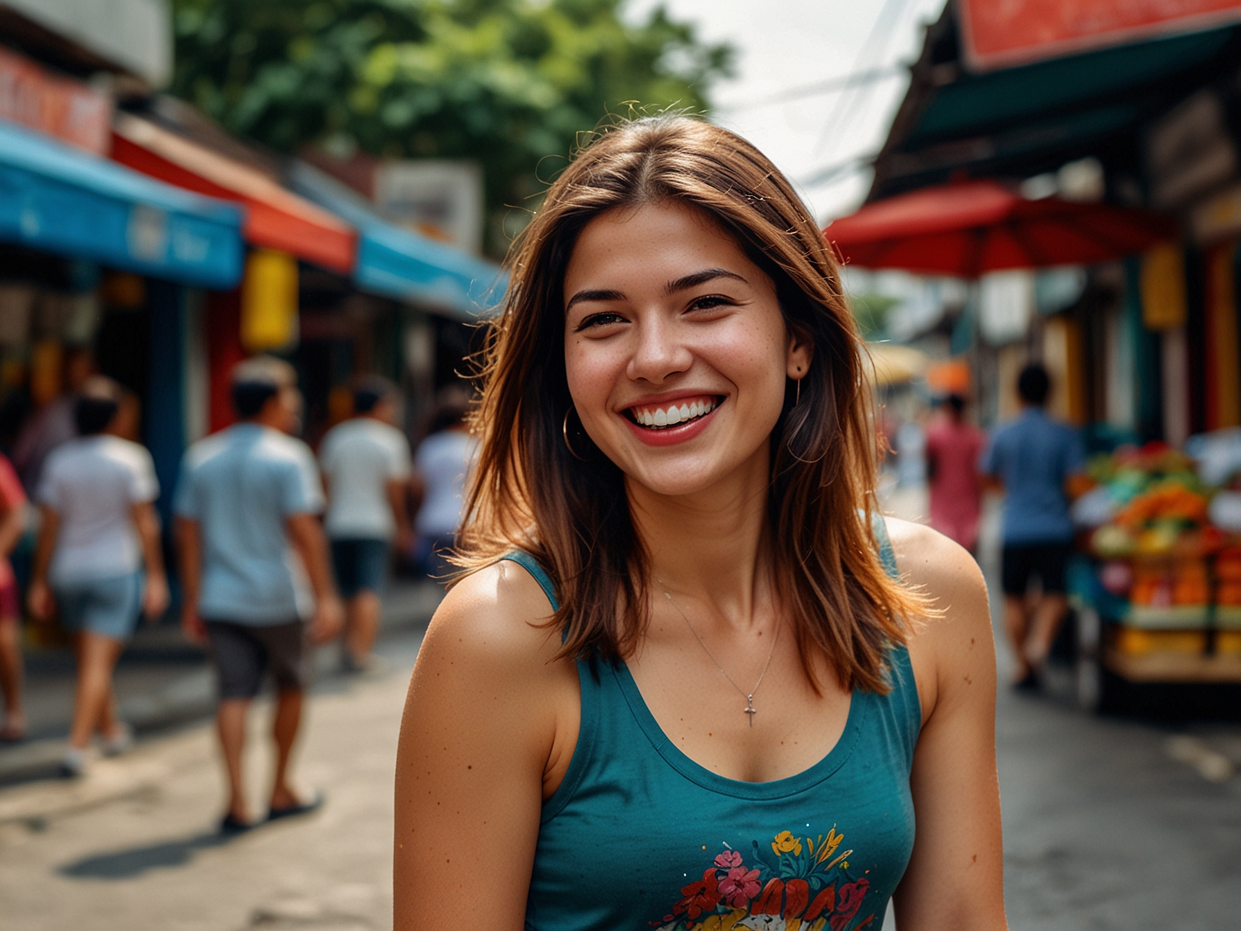 A cozy shot of Jimena savoring a bowl of ramen at a street food stall, showcasing her delight in discovering local culinary delights amidst the vibrant atmosphere.