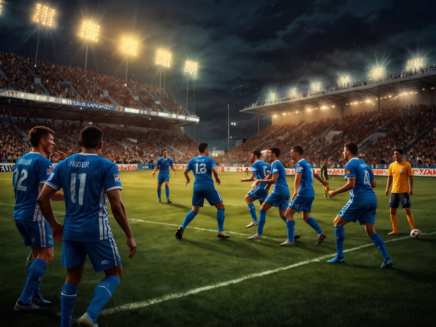 An intense moment from the Paysandu vs Vila Nova match, showing players passionately competing for the ball under the stadium lights, surrounded by cheering fans.
