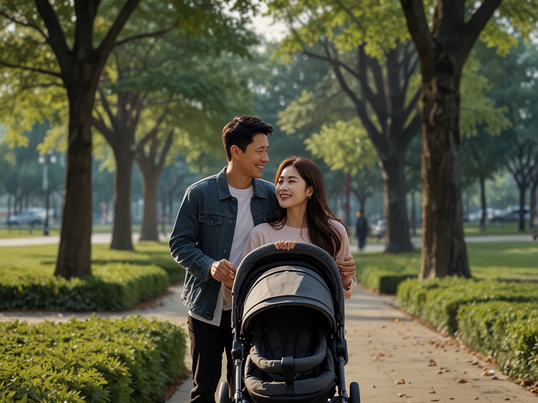 Jung Woo Sung and Moon Gabi holding hands with a baby stroller in a serene park setting, symbolizing their journey into parenthood amidst the challenges of celebrity life.