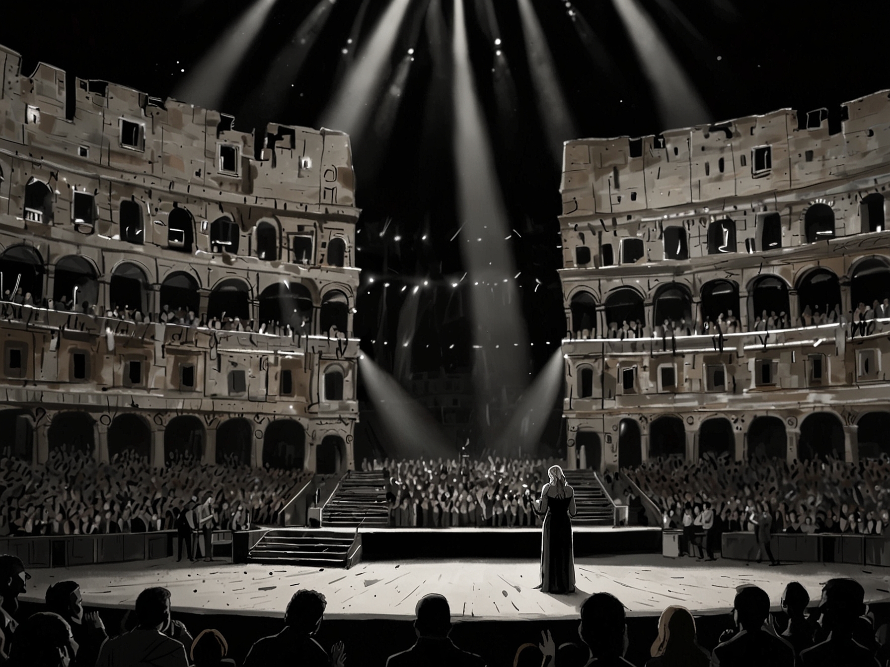 Adele stands on stage at The Colosseum in Las Vegas, glowing under the spotlights, surrounded by an audience that is captivated and emotional during her farewell concert.