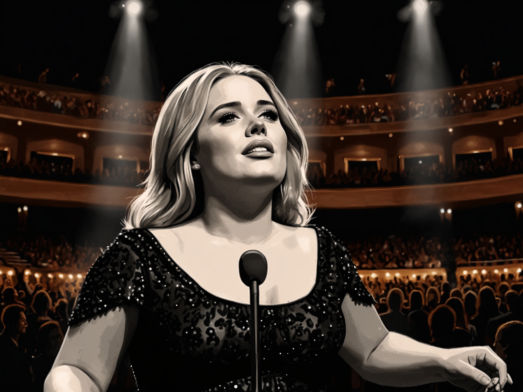 The crowd at Adele's final concert, with fans holding up their phones and waving glow sticks, reflecting the emotional atmosphere and connection between the artist and her audience.