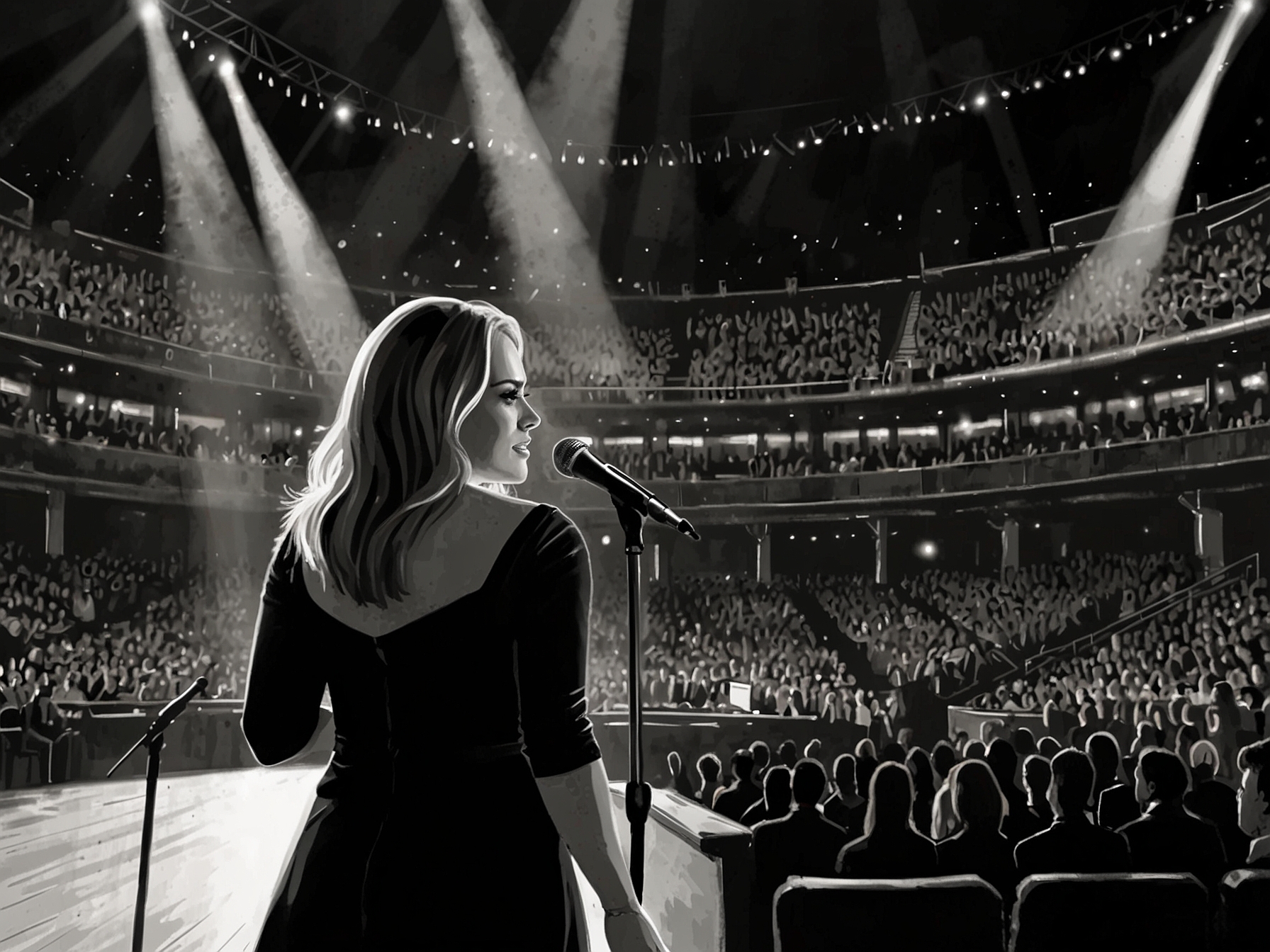 Adele wipes tears from her eyes while addressing the audience, conveying her heartfelt emotions as she prepares to conclude her Las Vegas residency with love and gratitude.