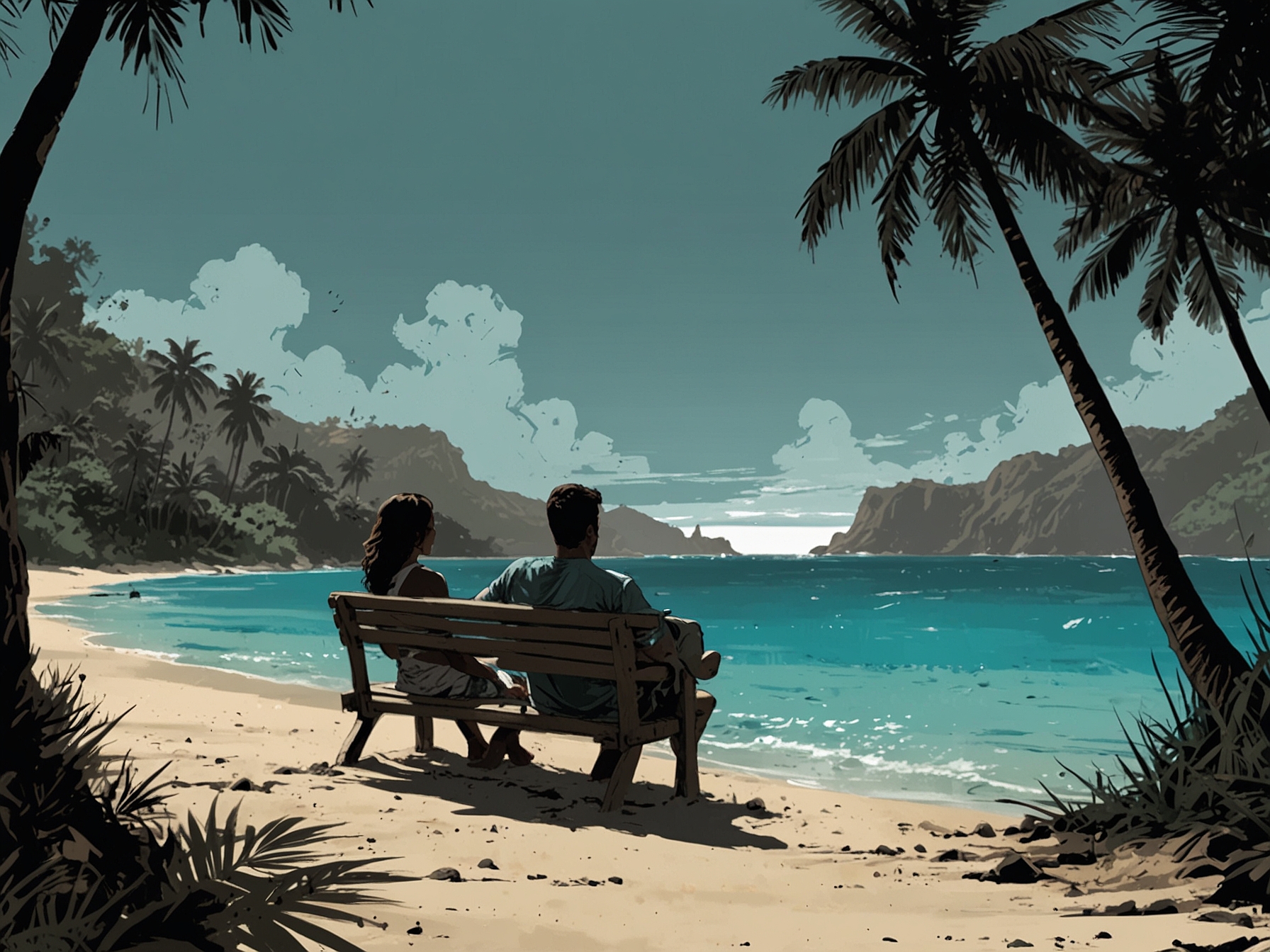 Olivier and Sandra share a quiet moment on a pristine beach in Polynesia, surrounded by lush greenery and the serene turquoise waters of the ocean.
