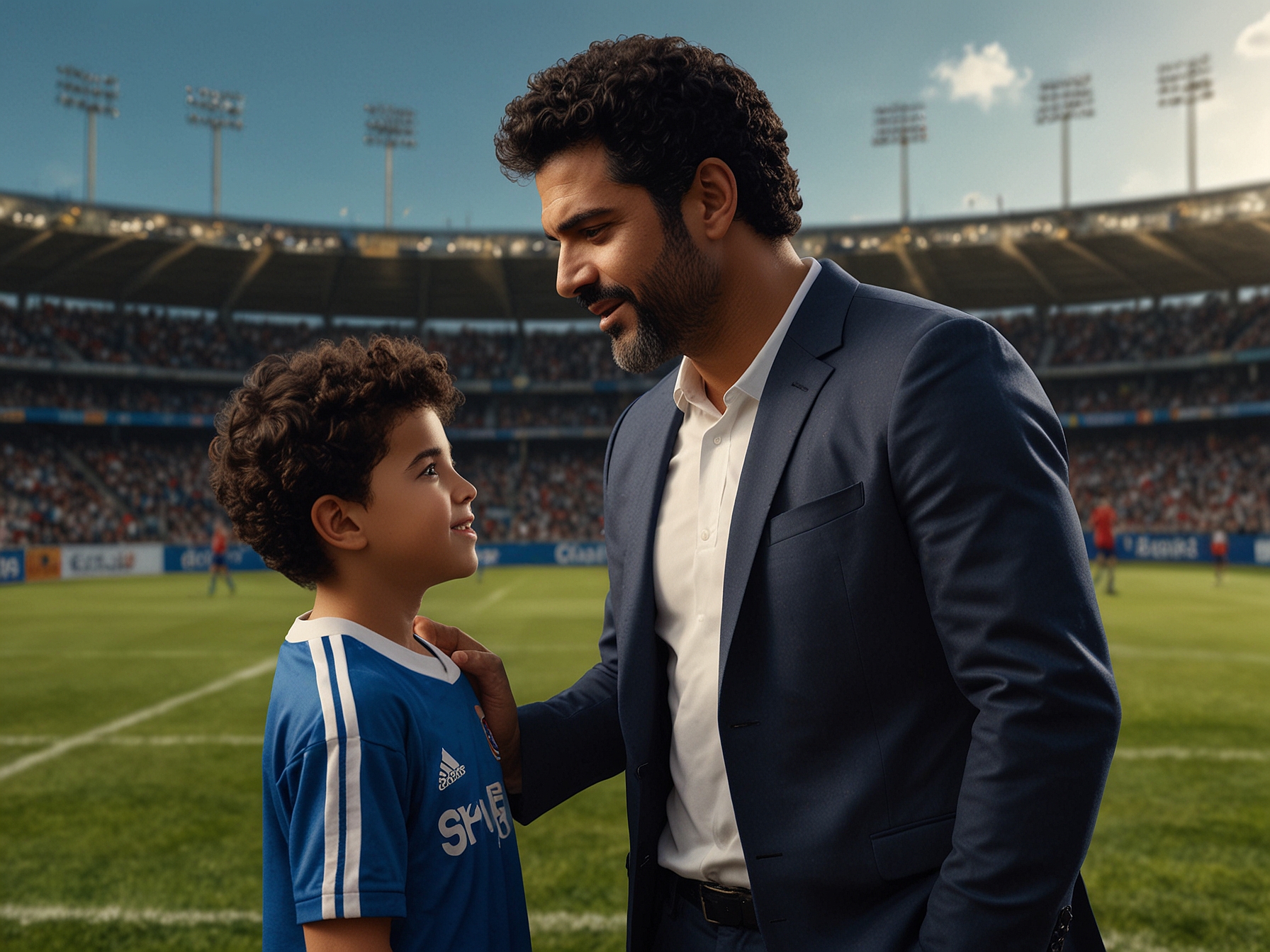 An emotional moment between Jamel Debbouze and his son Léon on a football field, showcasing their bond as father and son as they discuss dreams and ambitions in sports.