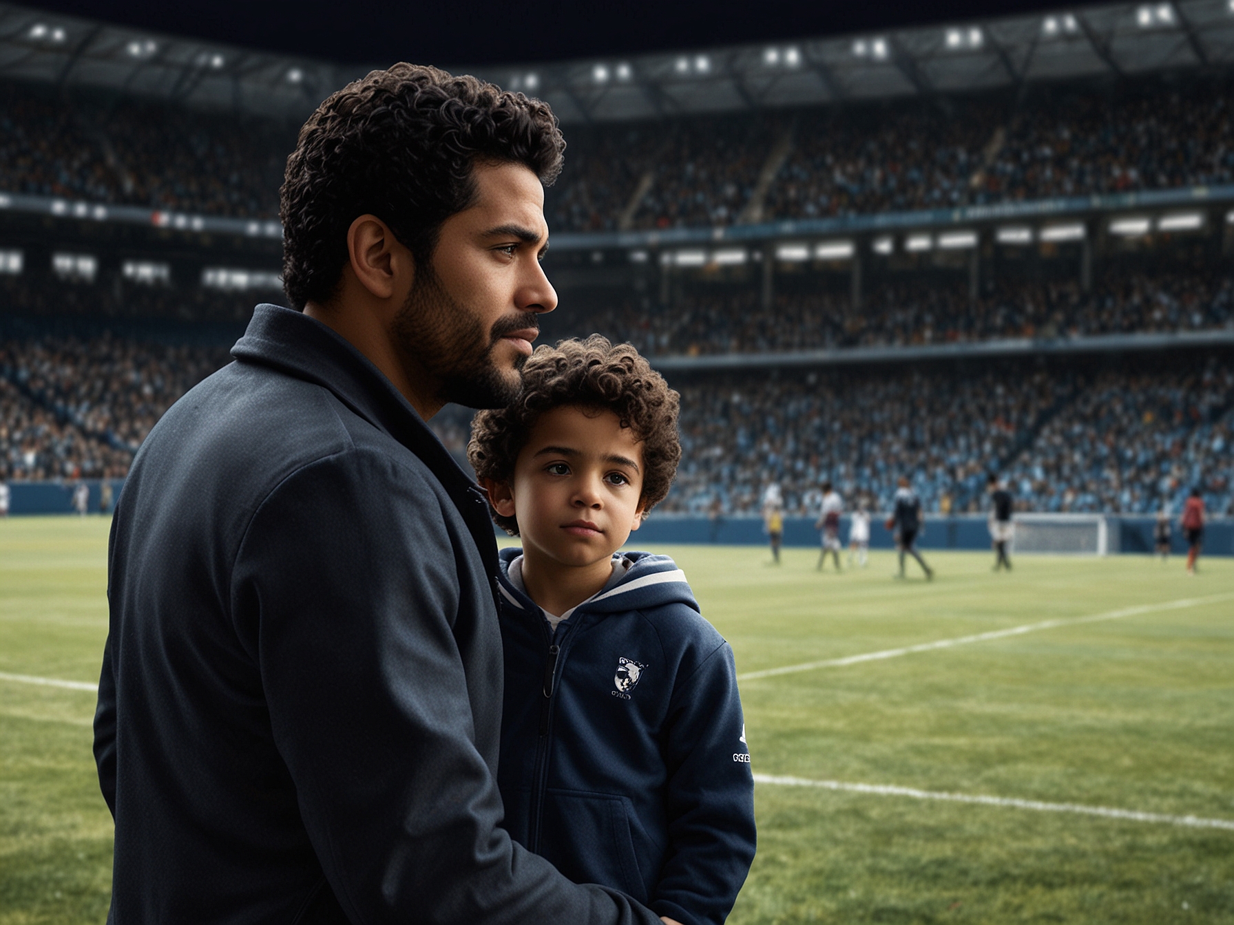 Jamel Debbouze standing on the sidelines, proudly watching his son Léon practice football, highlighting the supportive father-son relationship in the competitive world of sports.