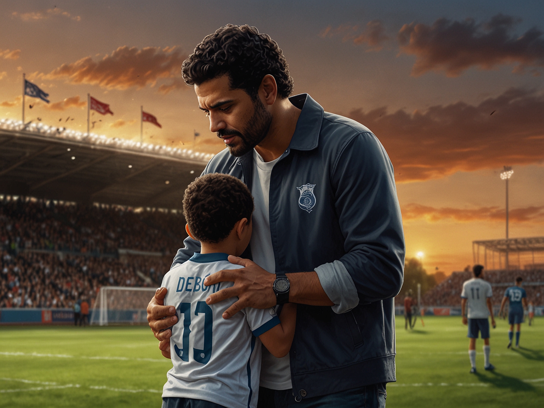 Léon Debbouze training hard on a rainy football field, embodying the determination and resilience needed for his aspirations, with a focused expression demonstrating his passion.