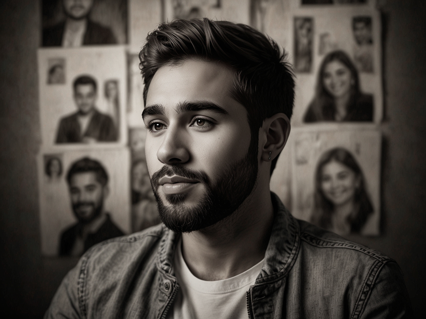 A portrait of Kendji Girac reflecting on his journey, with a backdrop of family photos symbolizing love and support during his healing process.