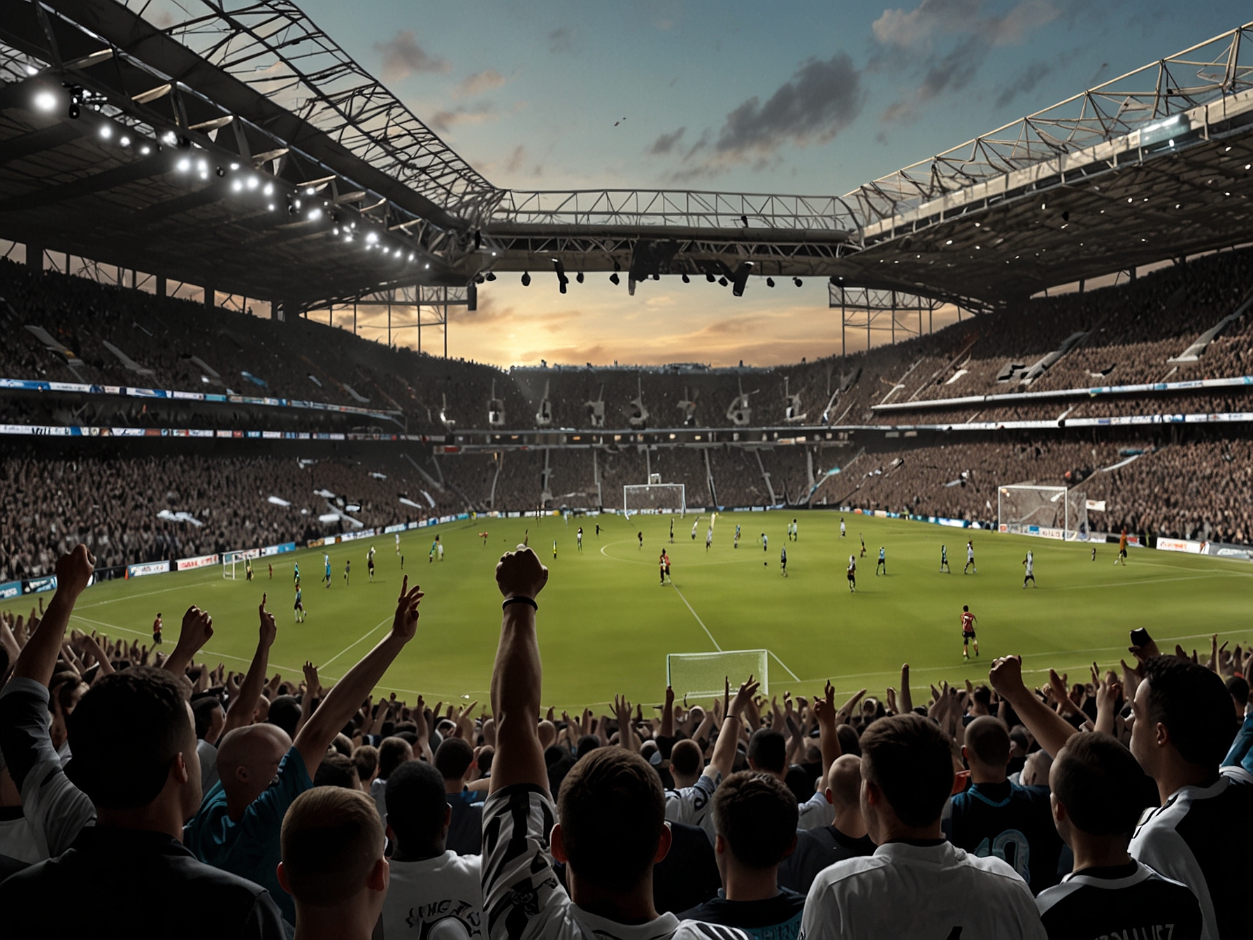A vibrant scene of St. James' Park filled with enthusiastic fans cheering for Newcastle as they prepare to face West Ham, emphasizing the excitement surrounding this high-stakes matchup.