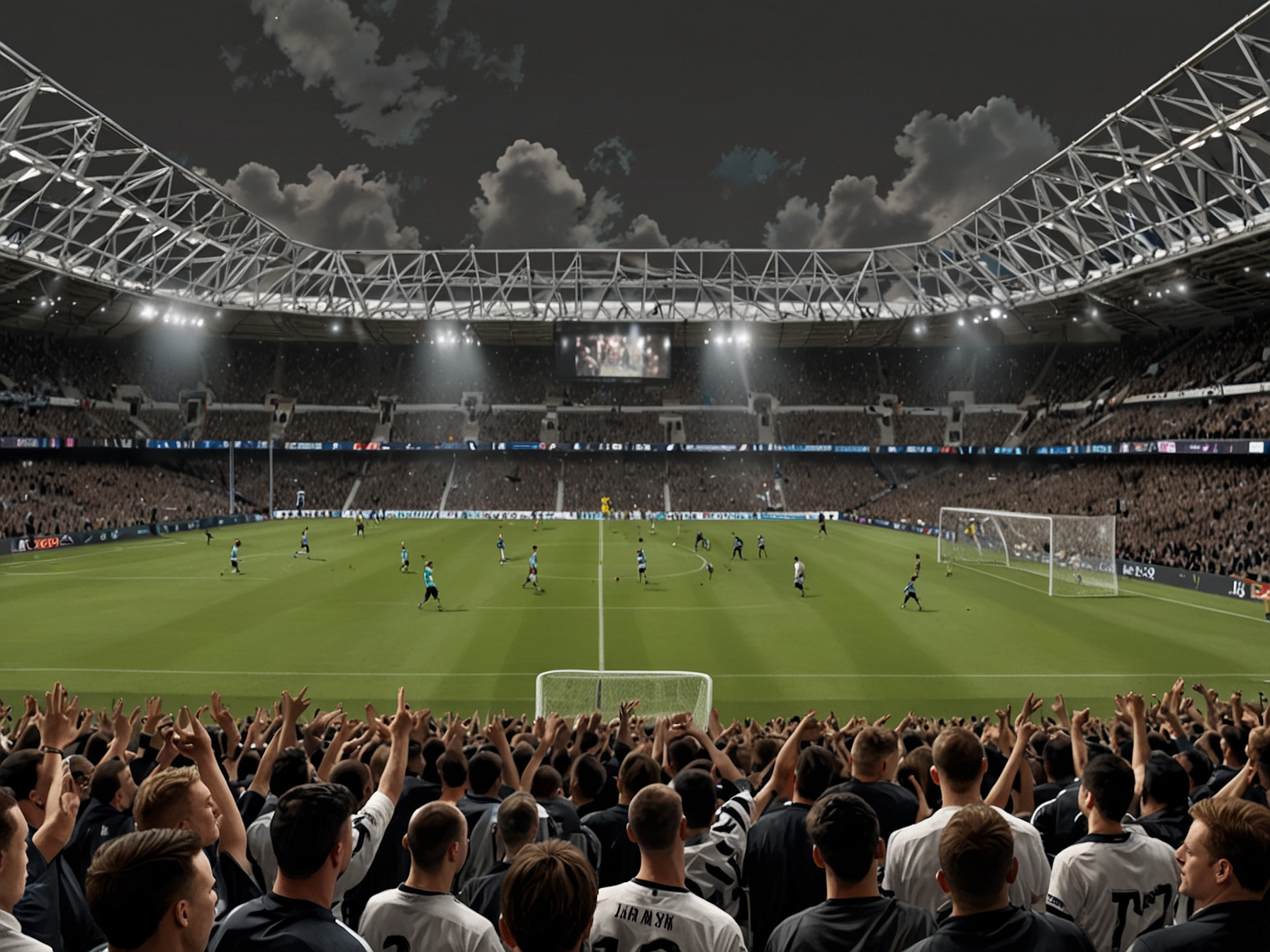 A dramatic depiction of West Ham players discussing strategy, reflecting their urgency to overcome recent struggles and secure points on the road against Newcastle.