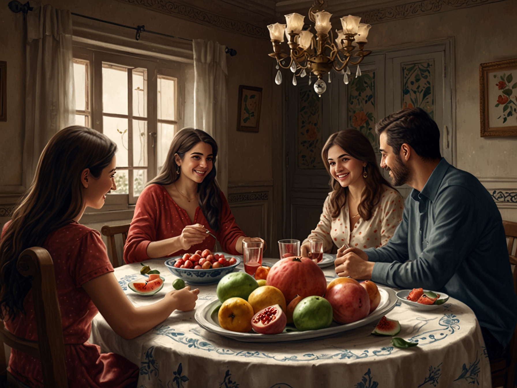 An illustration showing a family gathered around a traditional table, celebrating Yalda Night with winter fruits like pomegranates and watermelons while sharing stories, symbolizing warmth and unity.