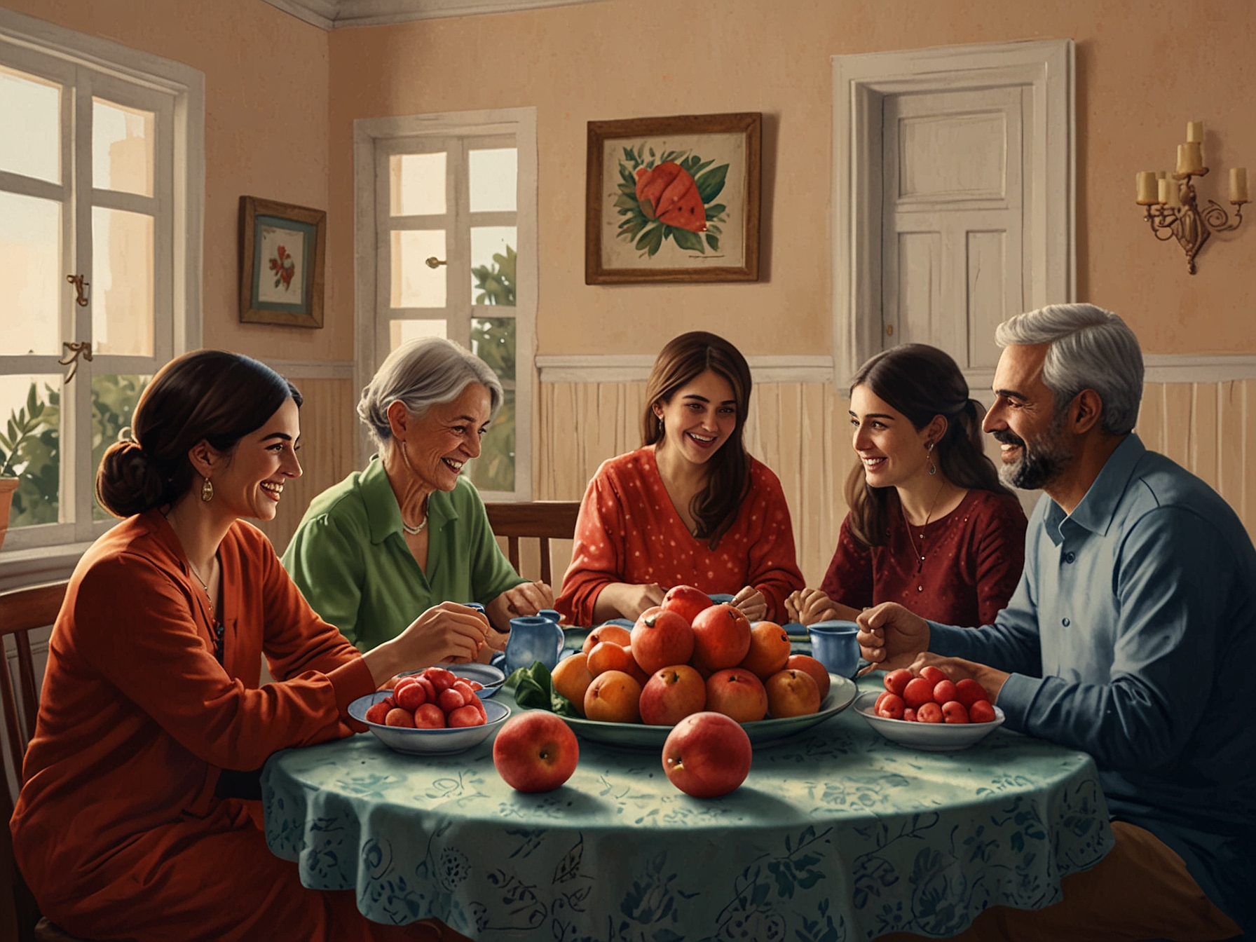 A vibrant depiction of a Yalda Night celebration, with candles, fruits, and a deep red background emphasizing the cultural significance and warmth of this Iranian tradition.