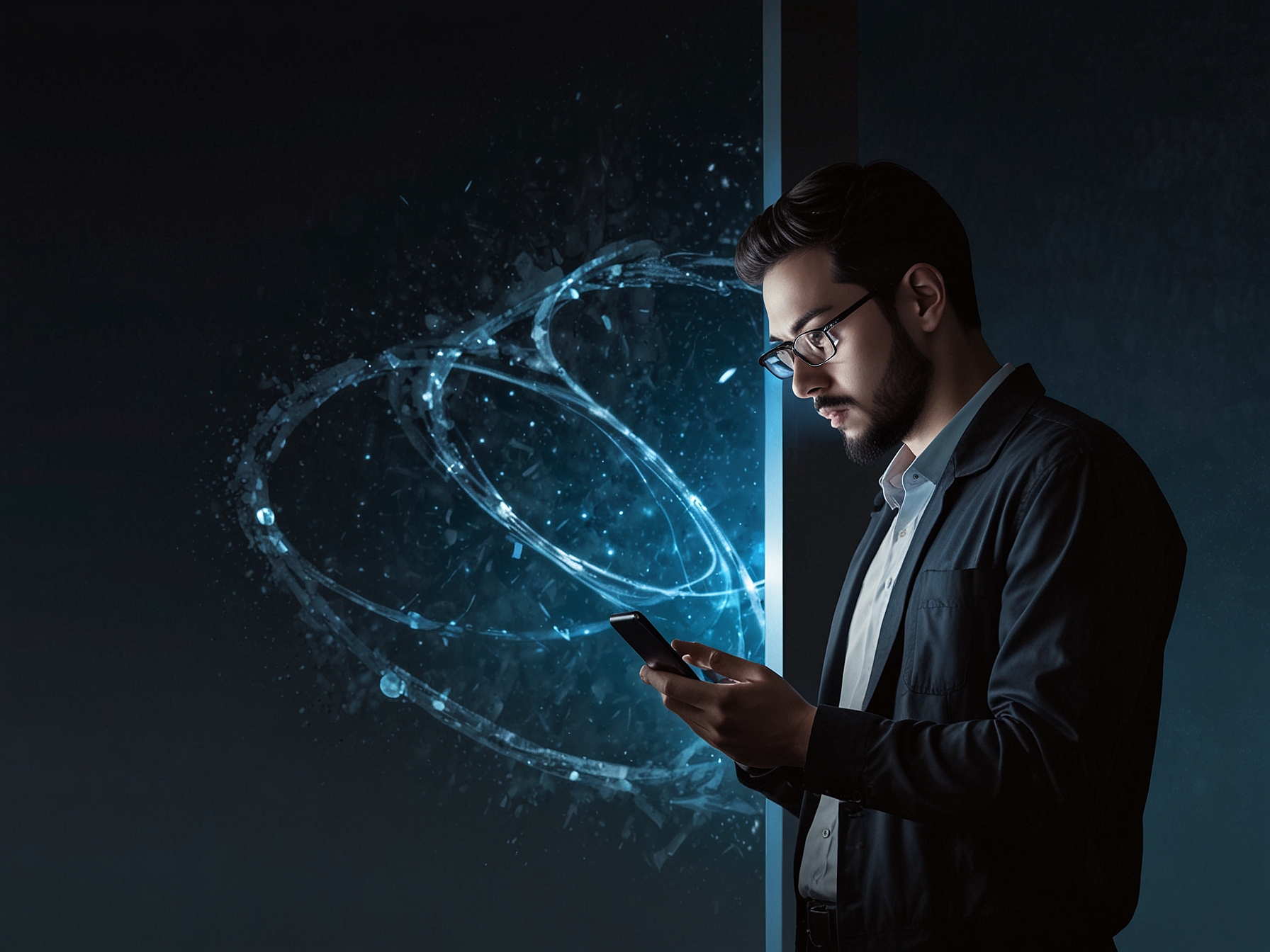 A worried Galaxy user looks at their smartphone, featuring the Samsung logo, while a shadowy figure representing cybercrime lurks in the background, symbolizing rising security concerns.