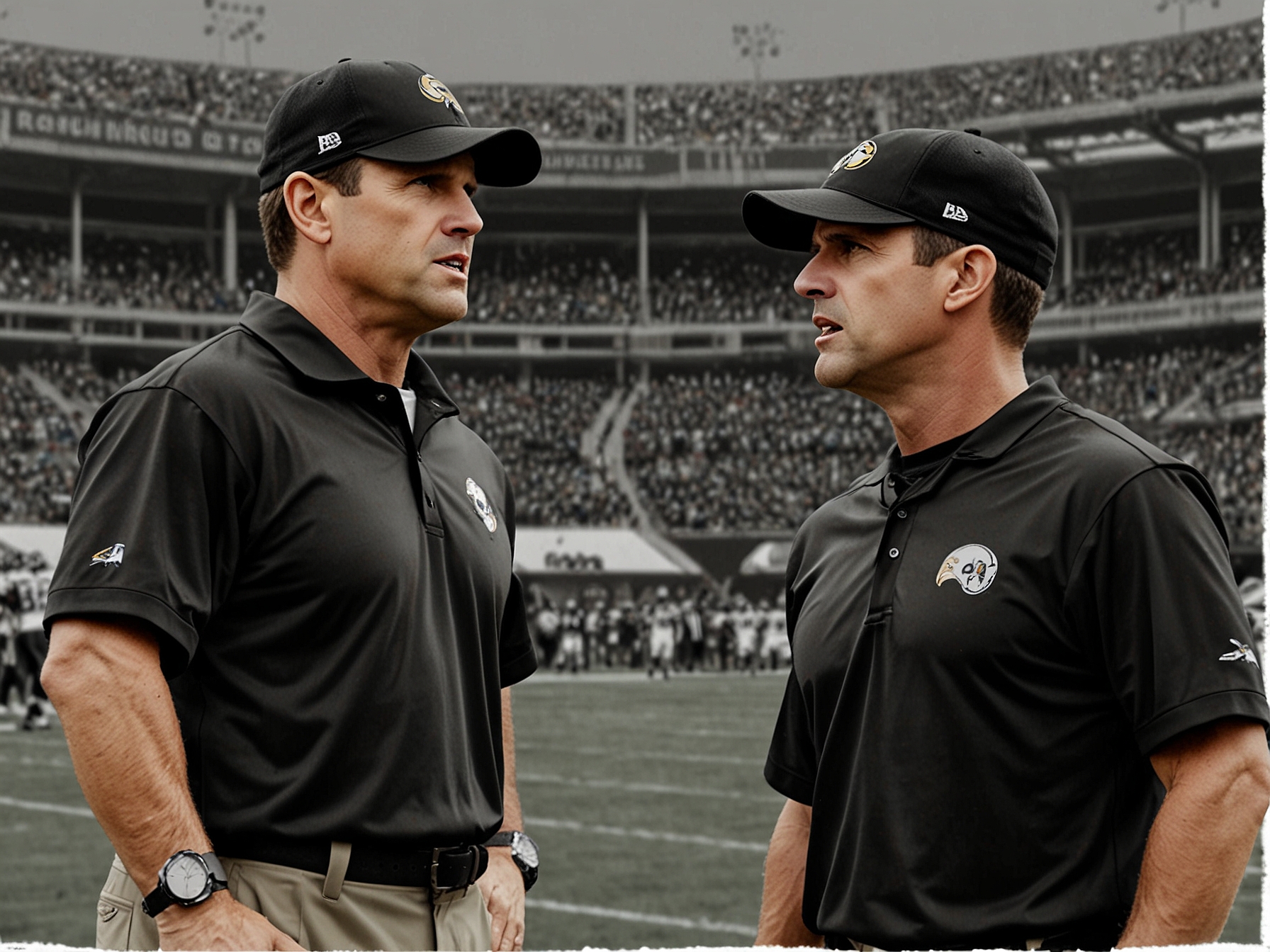 A dramatic split-screen image featuring Jim Harbaugh on one side, passionately coaching on the sidelines, and John Harbaugh on the other, motivating his players during a game. The backdrop shows an NFL stadium filled with fans, emphasizing the intensity of their rivalry and the spirit of competition.