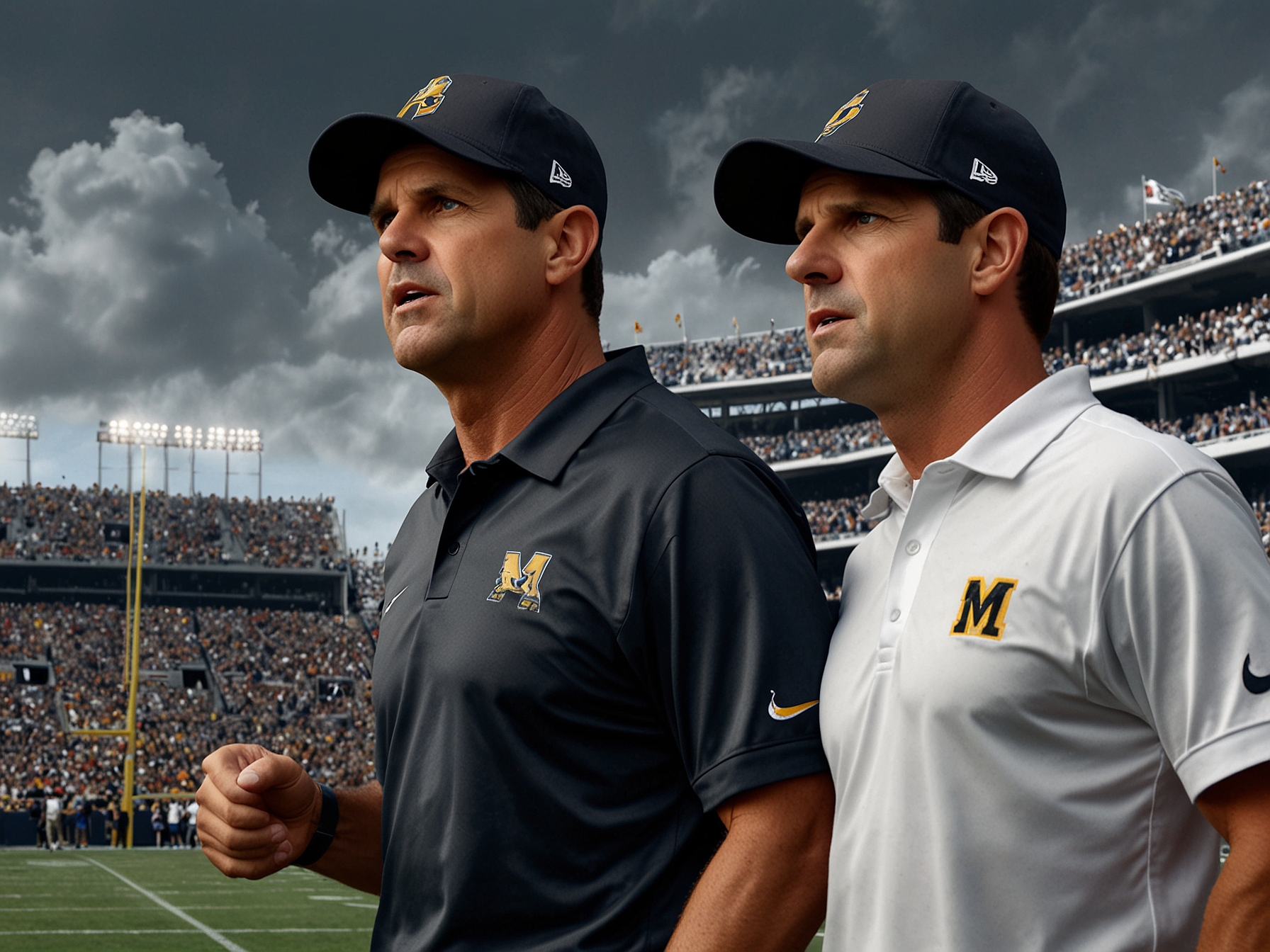 An intense close-up of Jim and John Harbaugh, with focused expressions on their faces in their respective team gear, indicating their competitive drive and dedication to coaching.