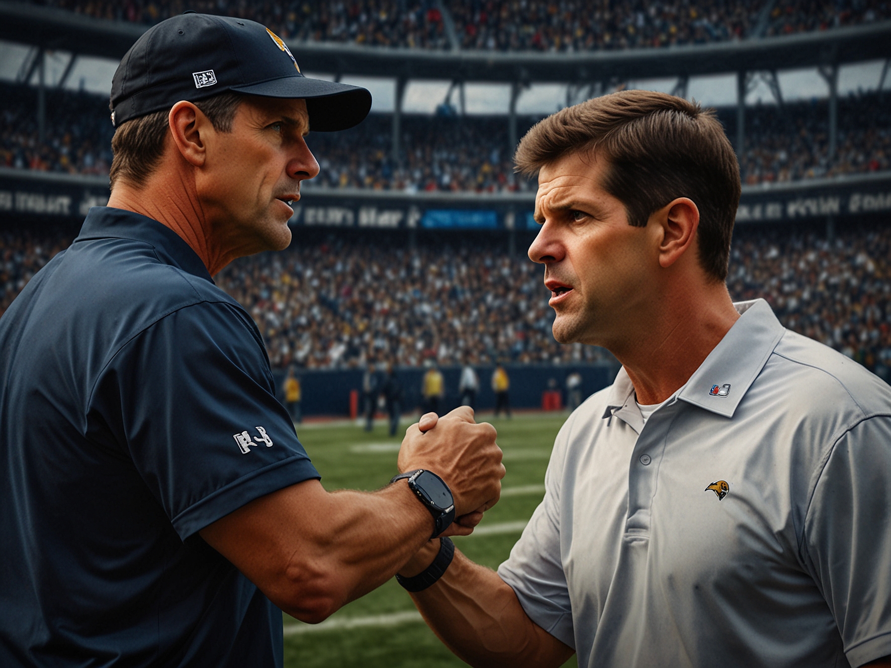 A football field with the Harbaugh brothers shaking hands post-game, showcasing respect and sportsmanship despite their fierce rivalry, with fans cheering in the background.