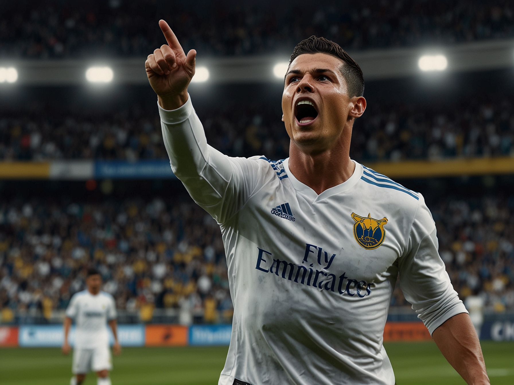 Cristiano Ronaldo celebrating after scoring a goal for Al Nassr during a competitive match, showcasing his iconic celebration and team spirit while wearing the team's vibrant kit.