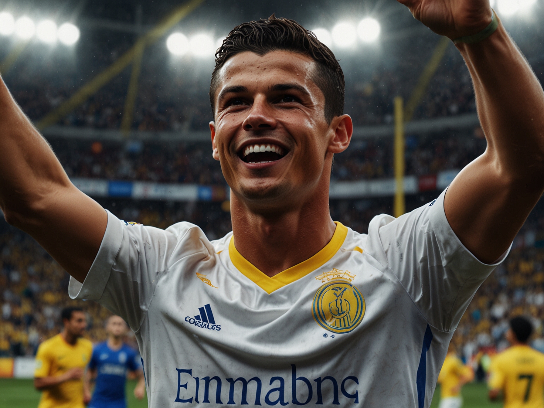 Fans cheering in the stands with banners and posters of Cristiano Ronaldo, highlighting the global impact he has on football and the passion he ignites among supporters.