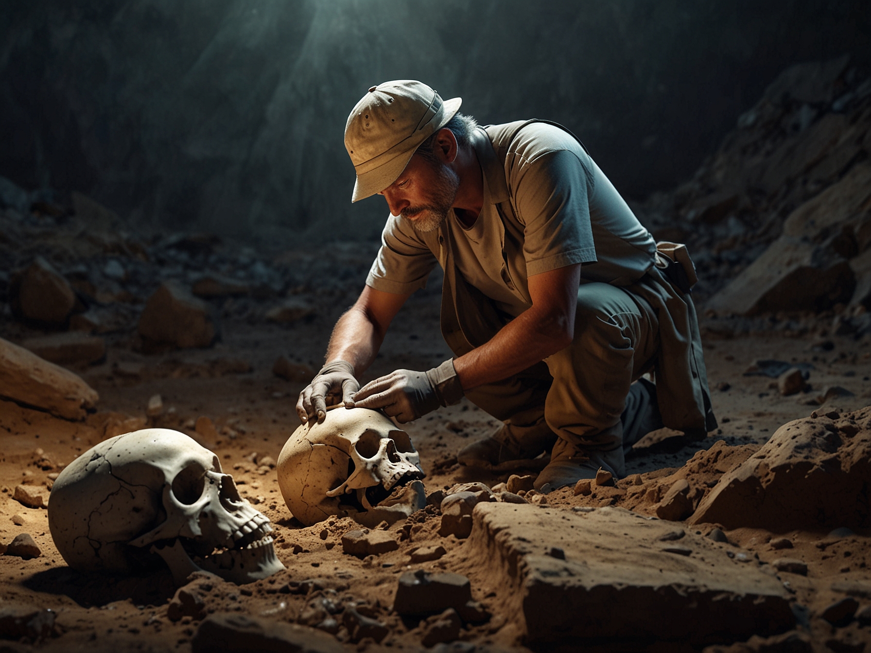 An archaeologist carefully examines giant skeletal remains and perplexing metallic artifacts in a remote excavation site, suggesting the existence of an ancient civilization beyond our understanding.