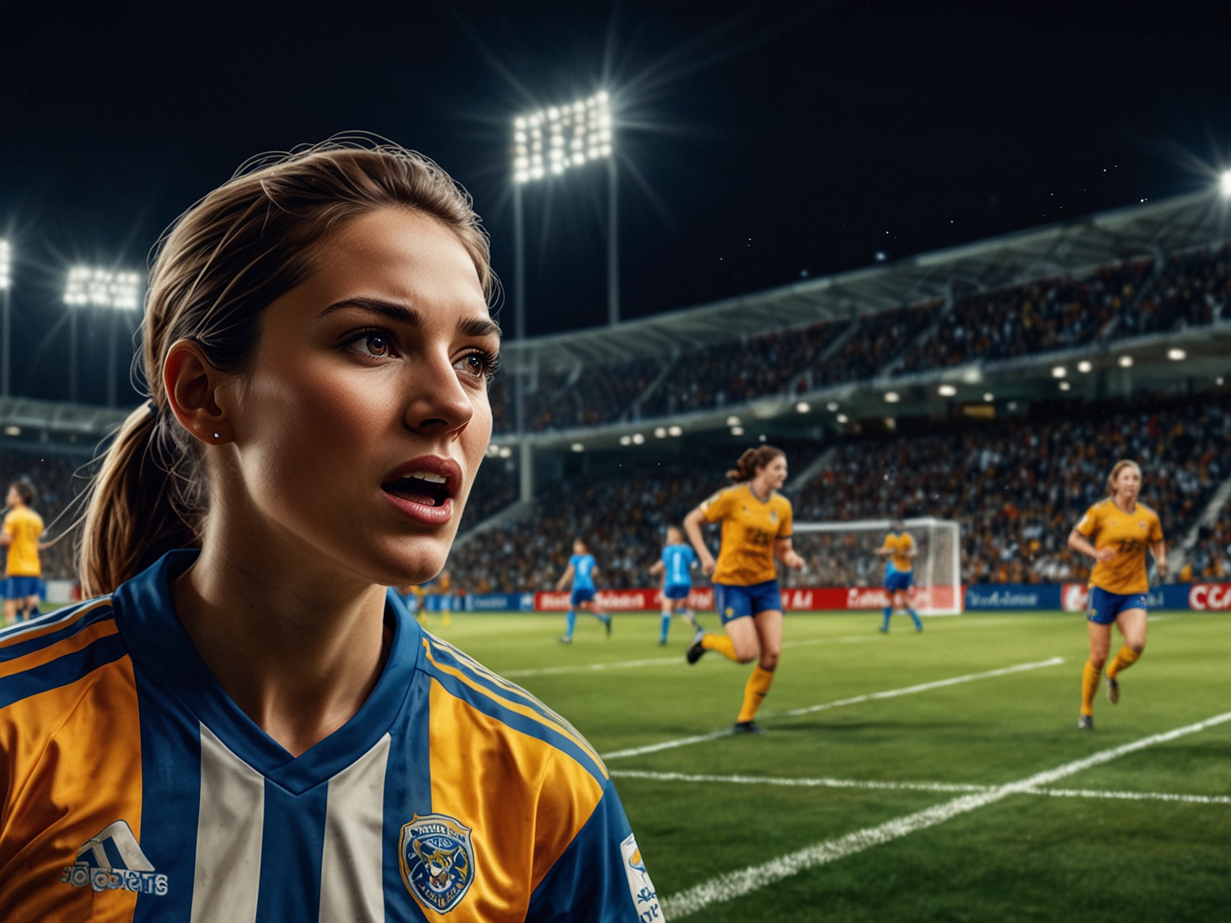 An action-packed scene from a women's football match featuring Rayadas and Tigres, with players showing determination and passion on the field, under the bright stadium lights.