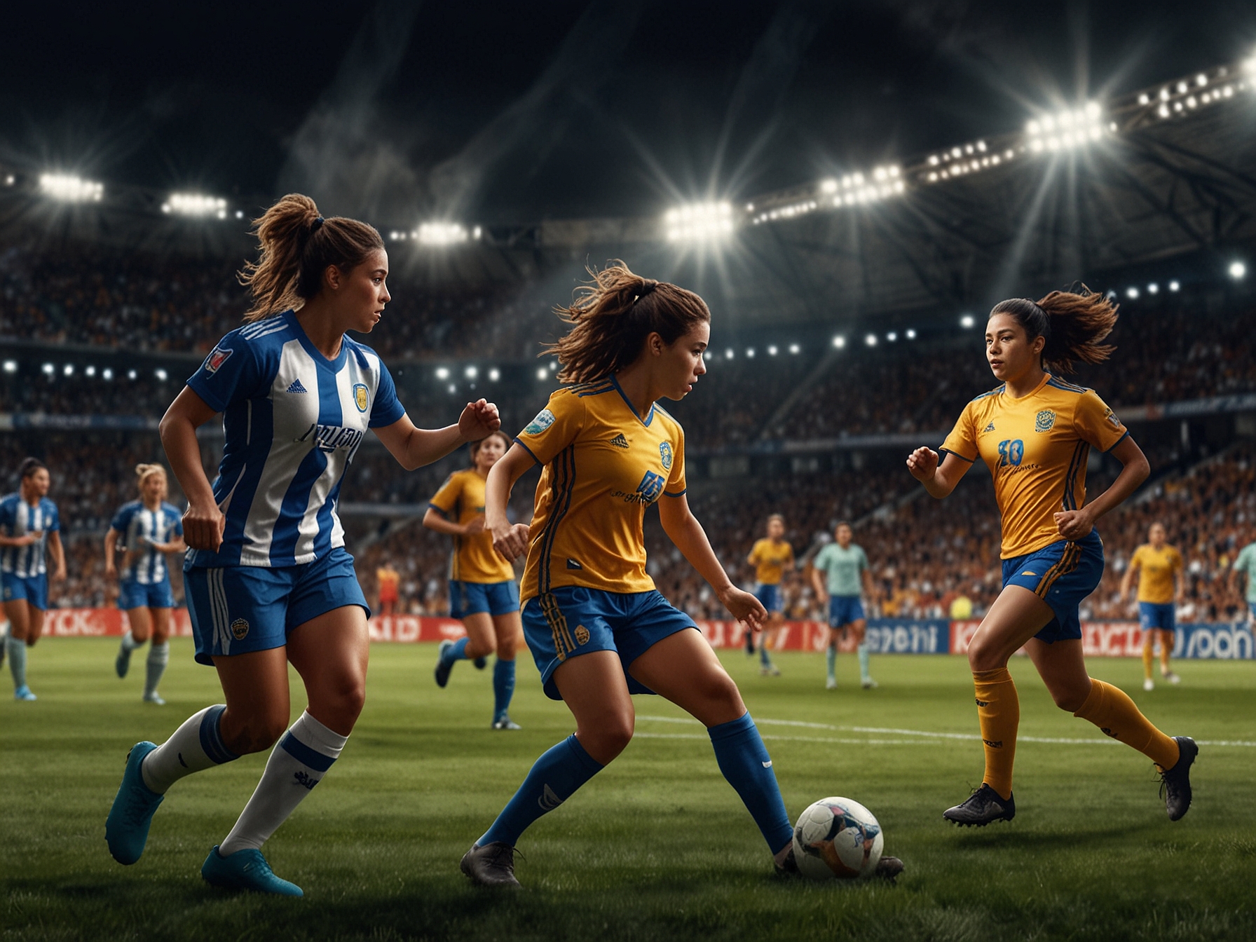 A close-up of Rayadas players huddled together, strategizing intensely before the final match, their expressions a mix of focus and determination reflecting the stakes of the game.