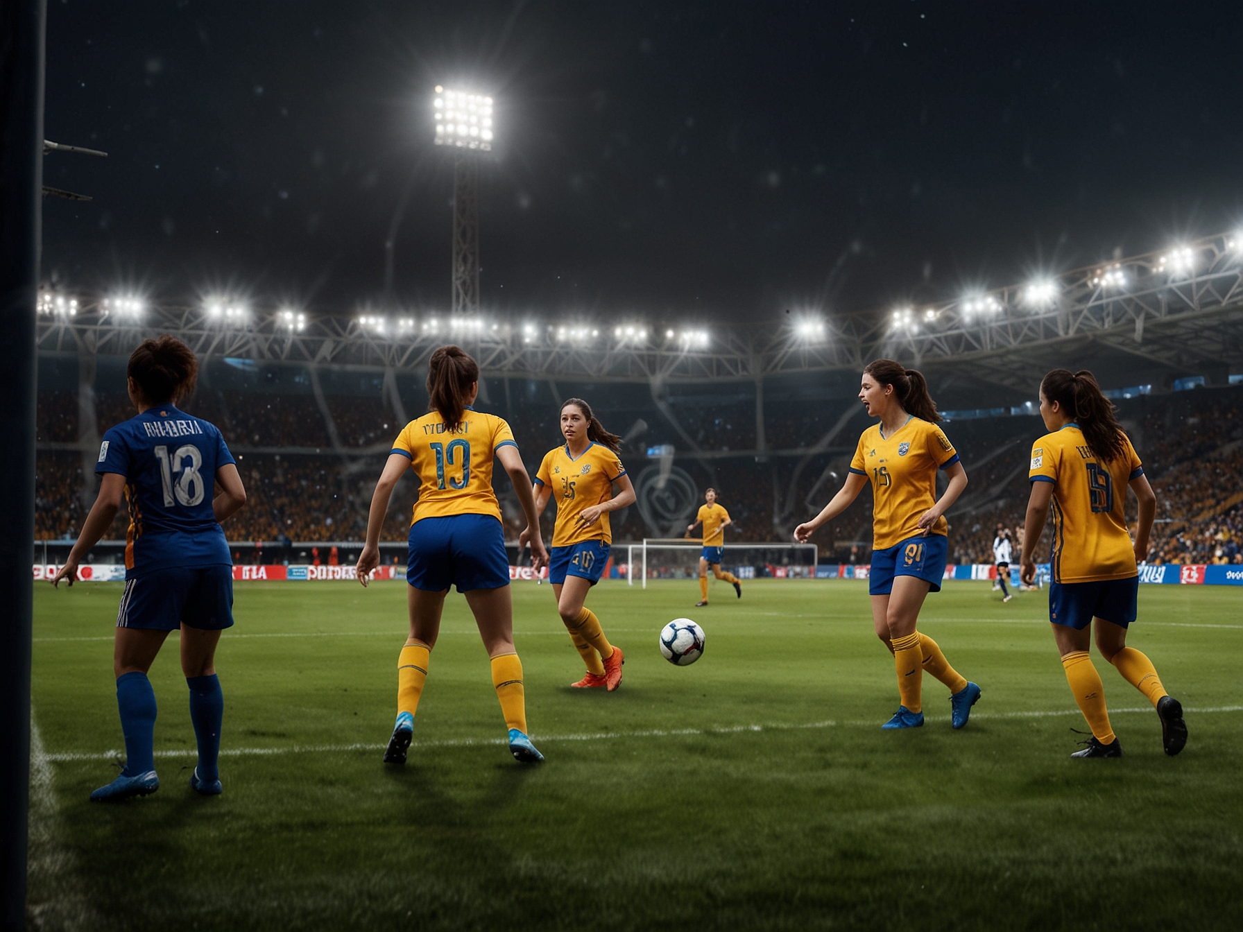 A vibrant crowd at the BBVA stadium, showcasing passionate fans waving team flags, creating an electrifying atmosphere as they support the Rayadas in their quest for victory.