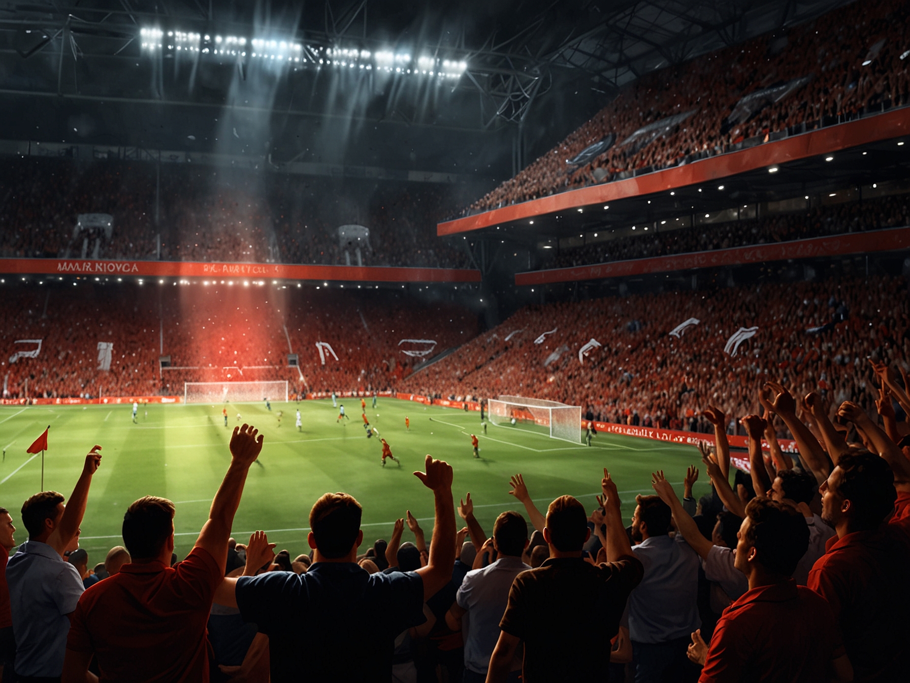A dramatic match scene at Anfield, showcasing Liverpool players celebrating a goal against Real Madrid, with passionate fans in the stands waving banners, creating an electrifying atmosphere.