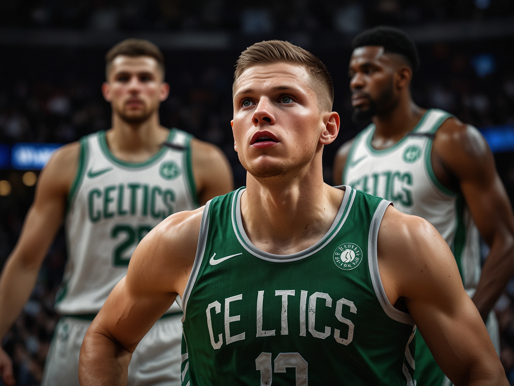 A dynamic scene from a Boston Celtics game featuring Kristaps Porziņģis on the court, showcasing his return, alongside teammates Tatum and Brown. The vibrant crowd and team colors reflect the high stakes of the matchup.
