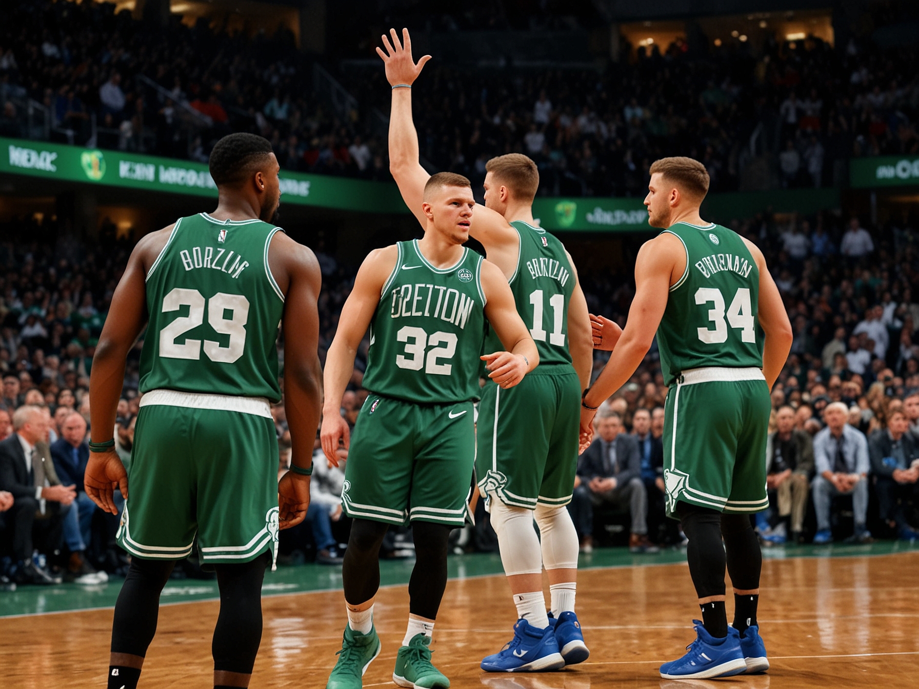 An intense basketball game moment where the Celtics players show teamwork, highlighting the competitive spirit and the energy of the crowd as they face the Clippers.
