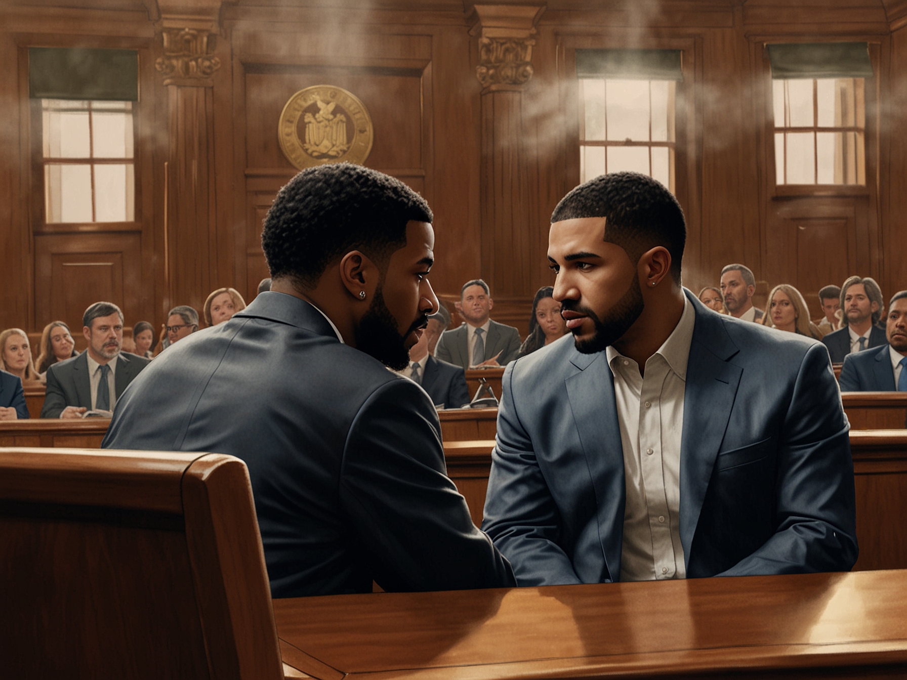 An illustration depicting Drake and Kendrick Lamar facing each other in a courtroom setting, symbolizing their legal battle over streaming practices and music integrity. The background shows the logos of UMG and Spotify, reflecting the corporate interest in the music industry.