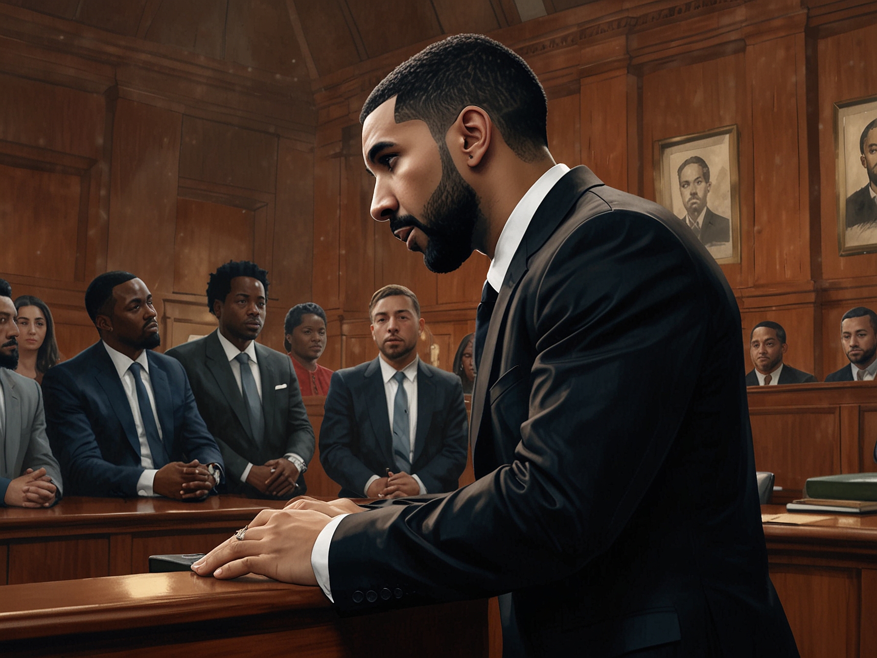 A split image showing Drake and Kendrick Lamar in their respective concerts, representing their rivalry while fans passionately engaging in both performances, emphasizing the cultural impact of their feud.