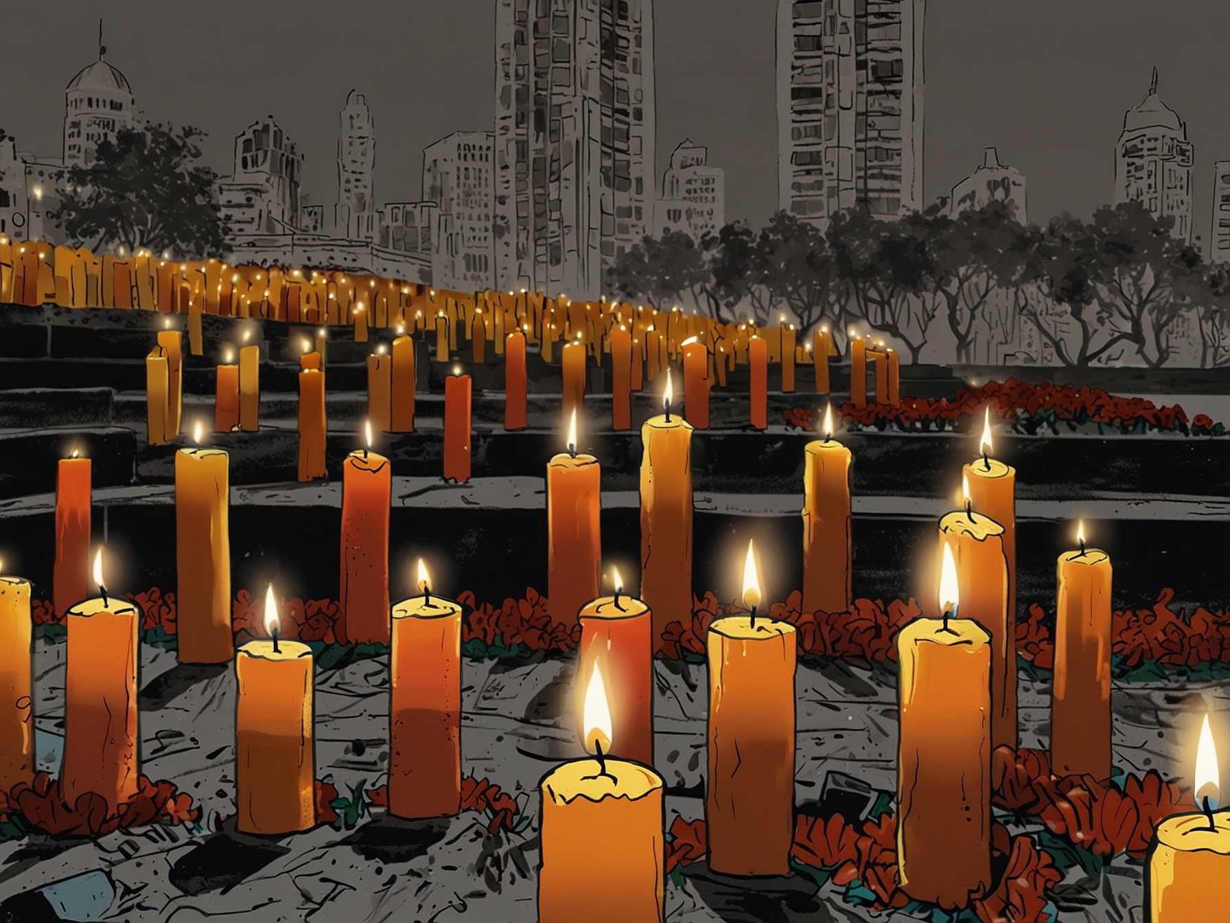 A bustling scene of Mumbai's landmarks, juxtaposed with images of security forces during the 2008 attacks, symbolizing the contrast between normalcy and chaos.