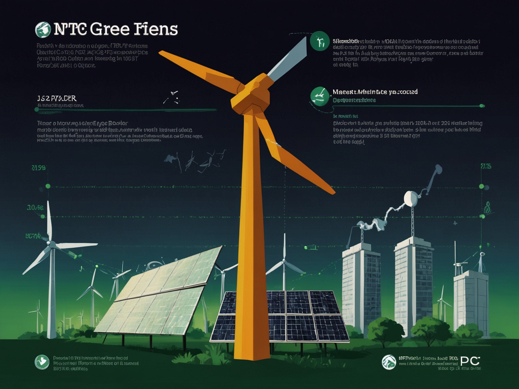 A dynamic visual of a wind farm and solar panels symbolizing the future of renewable energy in India, showcasing NTPC's commitment to sustainable development.