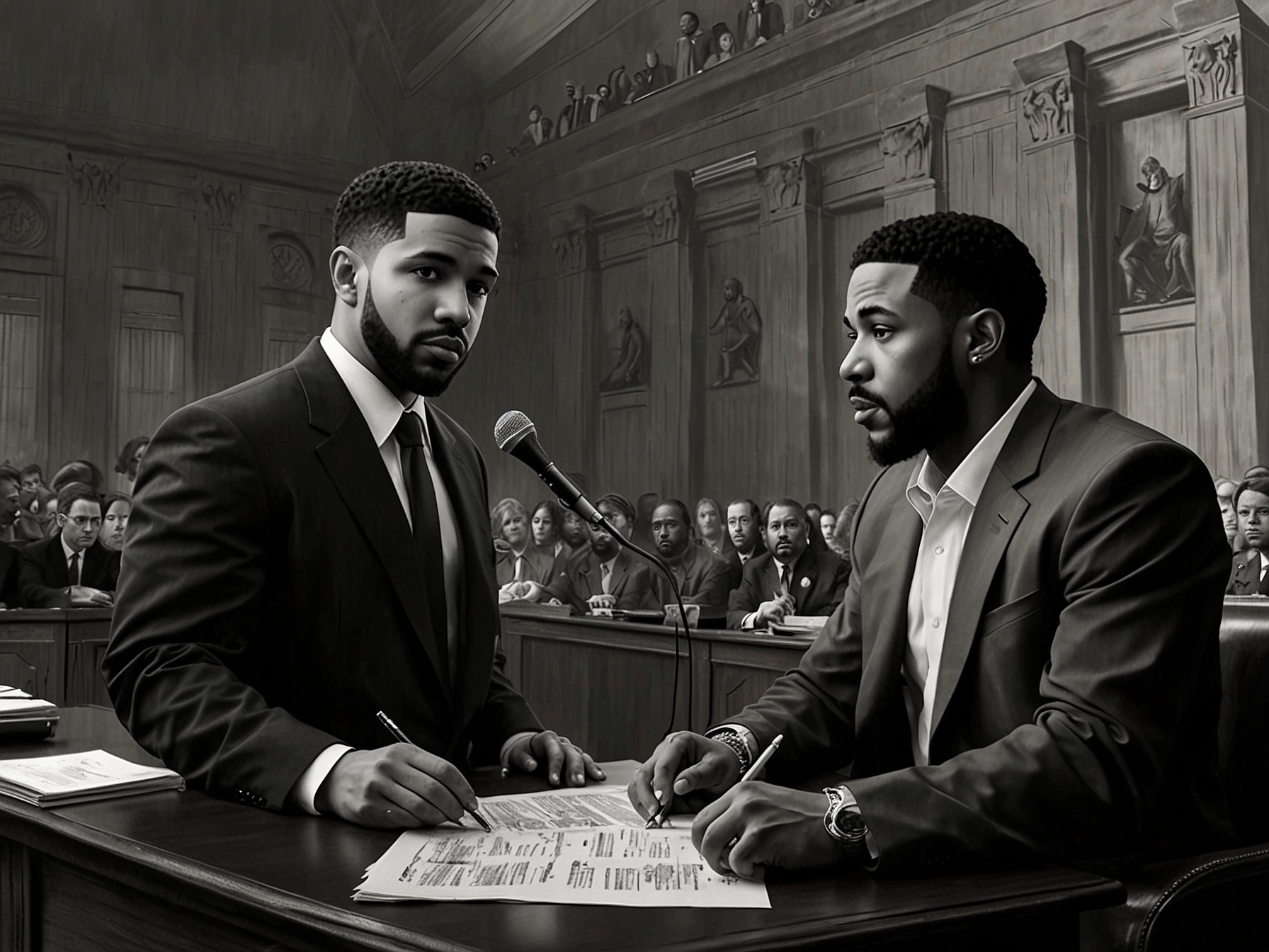 An illustration of a courtroom scene with two artists, Drake and Kendrick Lamar, depicted as opposing sides, surrounded by music notes and legal documents, symbolizing the ongoing legal battle between them.