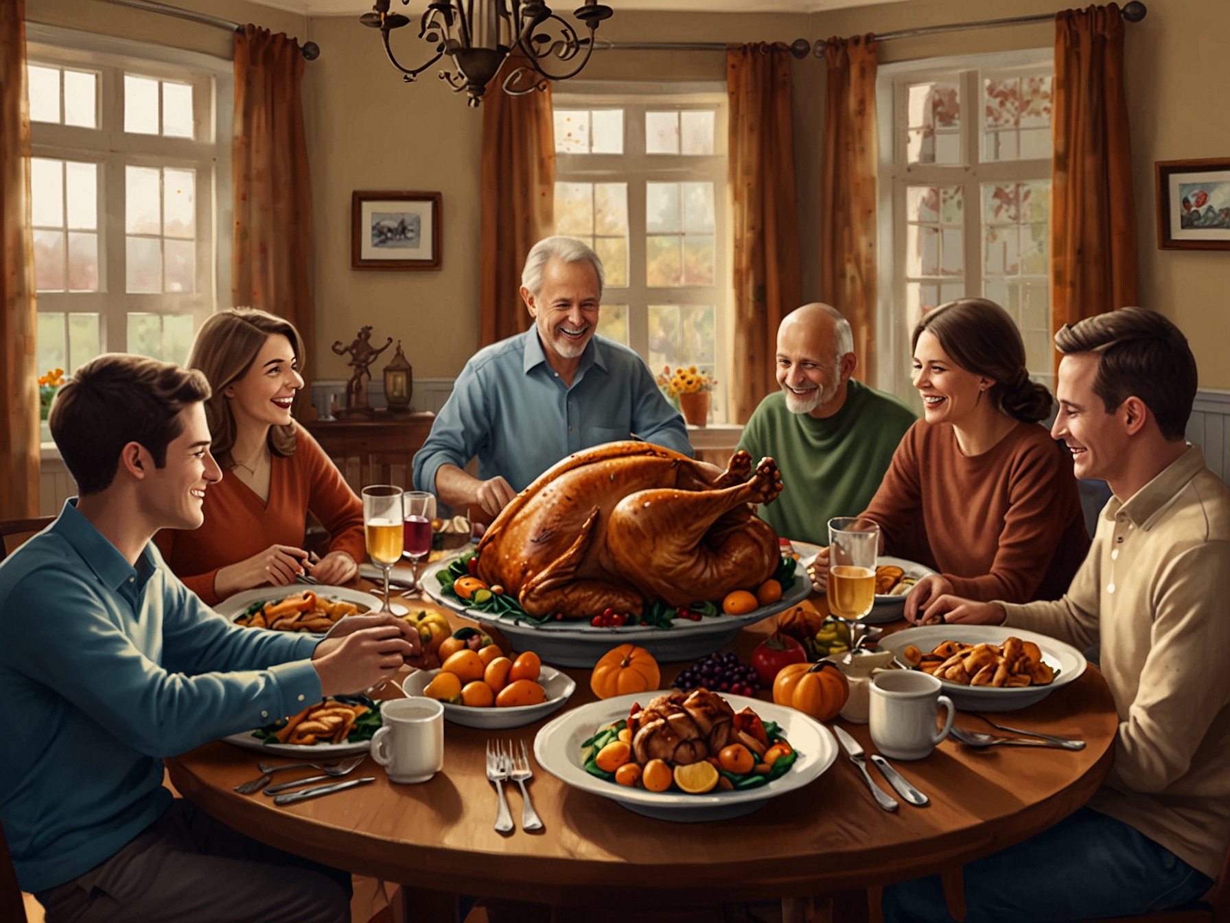 An inviting Thanksgiving dinner table adorned with a beautifully roasted turkey, colorful sides, and autumn-themed decorations, surrounded by family members joyfully sharing stories.