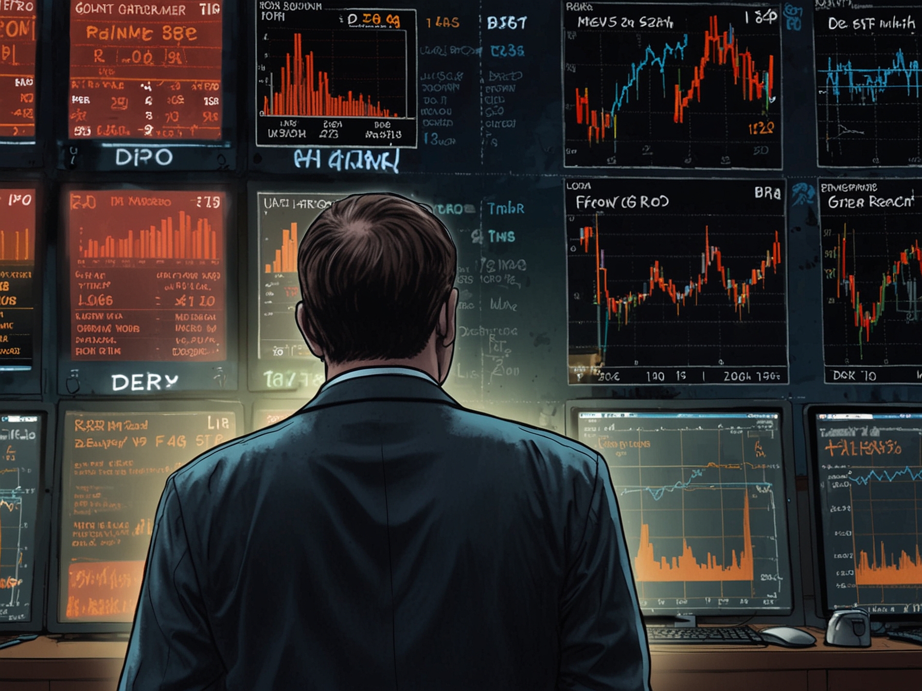 An illustration depicting the delay of C2C Advanced Systems' IPO, featuring a concerned investor looking at a stock market display with the word 'DELAYED' prominently shown.