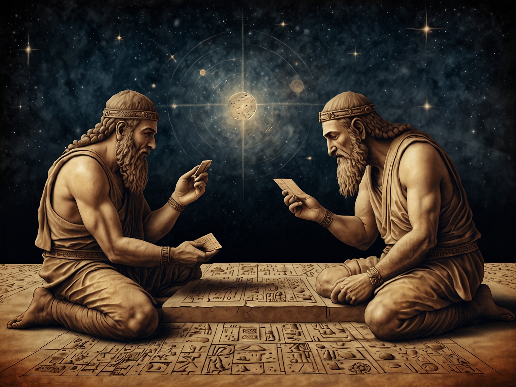 An artistic representation of Sumerian astronomers studying the stars with clay tablets and celestial maps, evoking a sense of ancient knowledge and wonder.