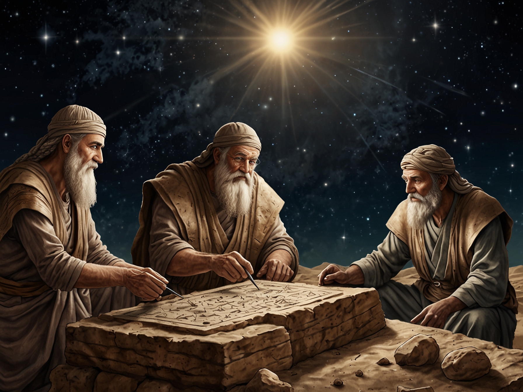 A depiction of towering Sumerian giants, clad in intricate clothing and holding enigmatic objects, symbolizing the possible connections to their mythology and extraterrestrial theories.
