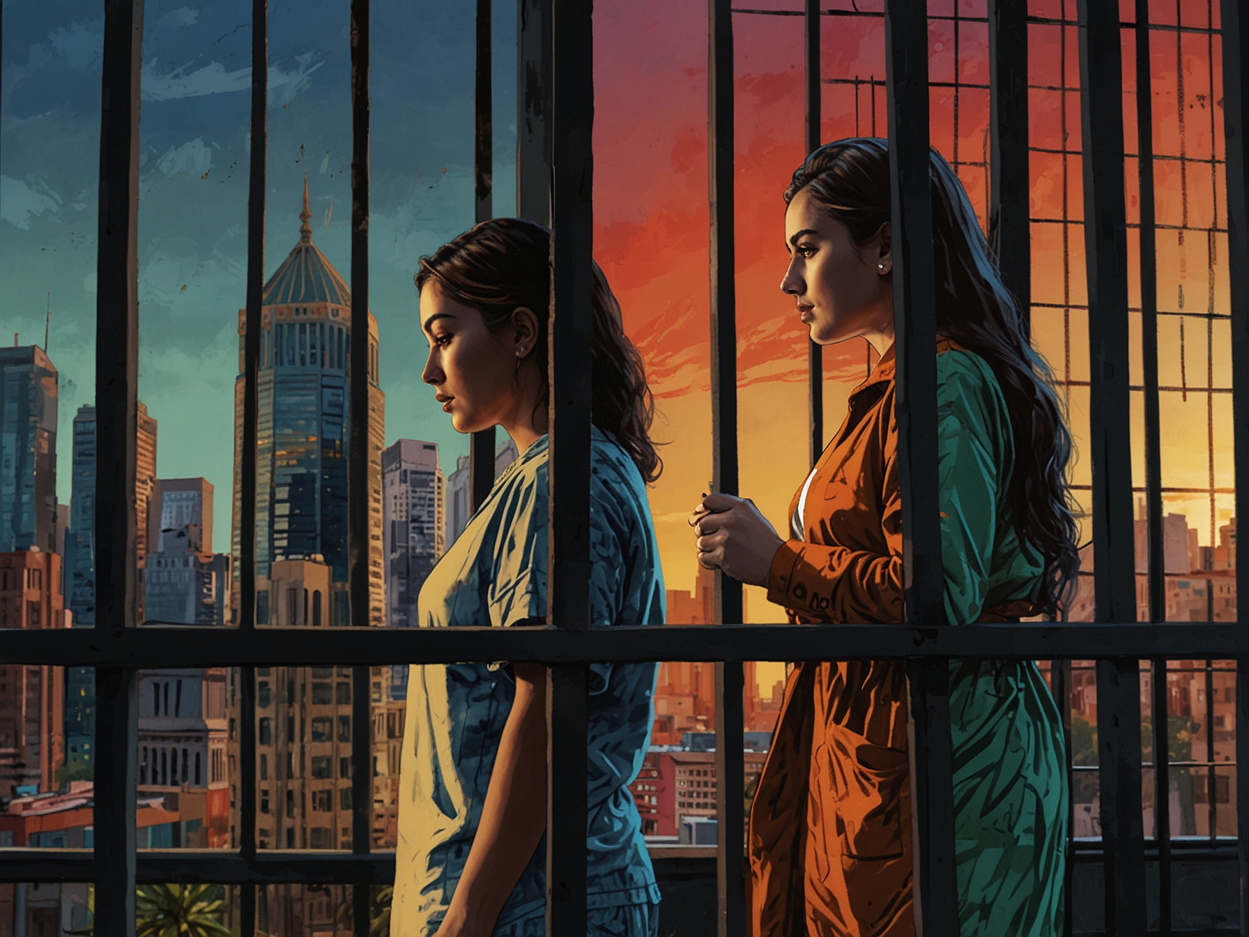 An image of Zeda Salim and Ammar Zoni, portrayed in contrasting settings – Zeda in a vibrant cityscape exuding confidence, and Ammar behind prison bars symbolizing entrapment, both reflecting their intertwined destinies.