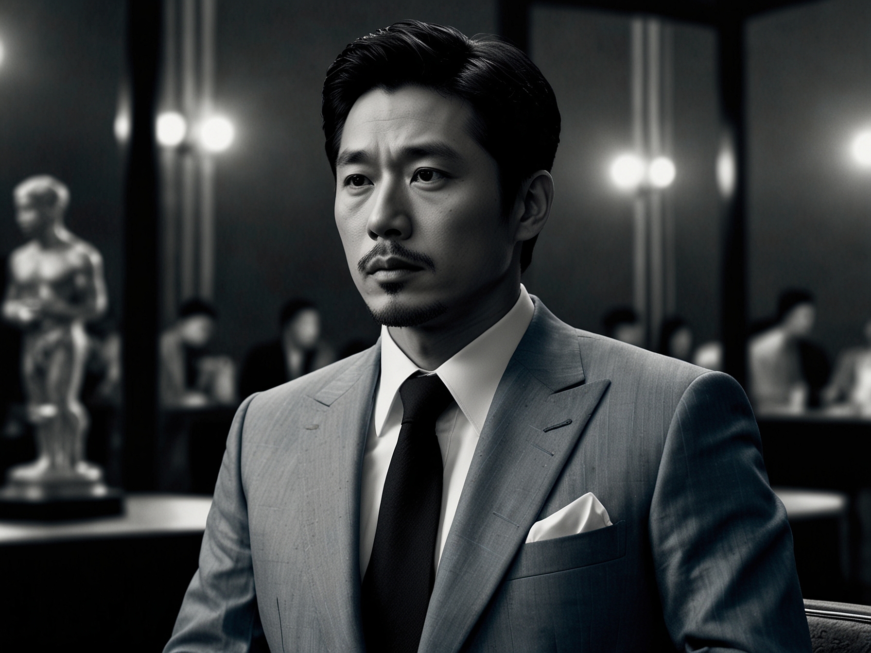 A concerned Jung Woo-sung gazes thoughtfully as he contemplates his choices, set against a backdrop of award show glamour to illustrate the upcoming Blue Dragon Film Awards.