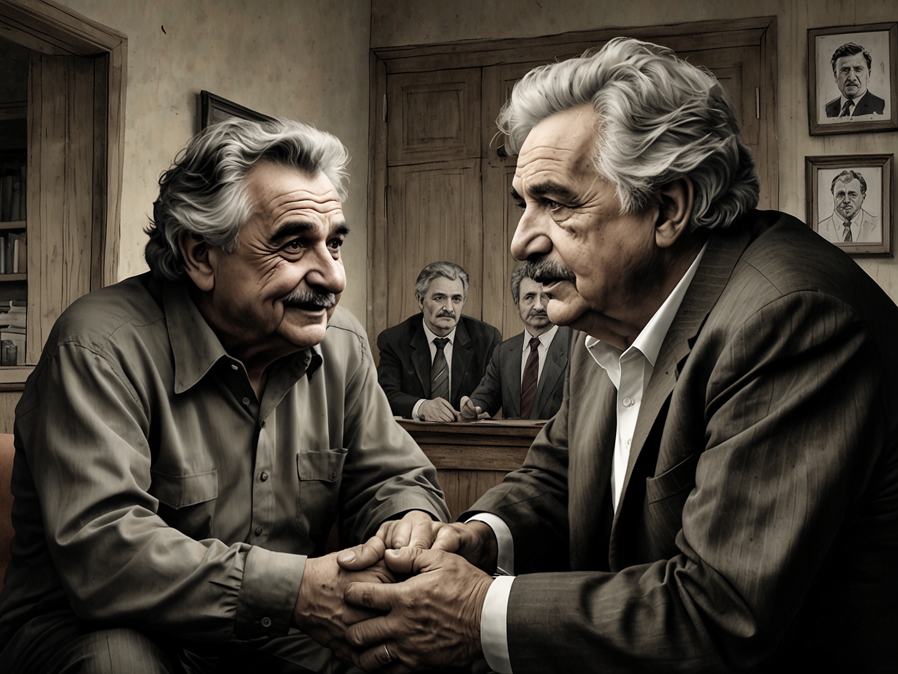 A meeting between Yamandú Orsi and José Mujica, with both politicians engaging in a serious conversation about Uruguay's future amidst cultural and political backdrops of Montevideo.