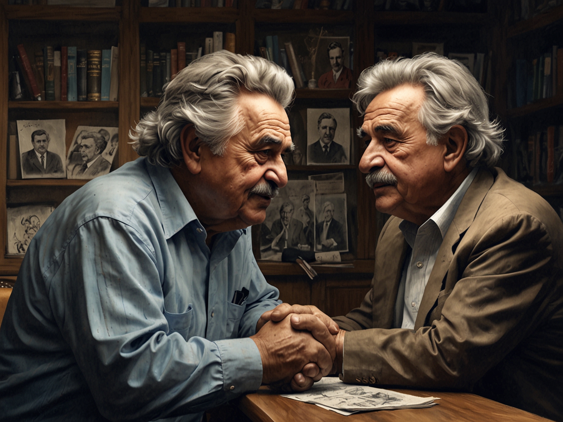 A graphic showing a meeting between Orsi and foreign leaders, depicting the complexities of international diplomacy while ensuring economic growth and human rights are balanced.