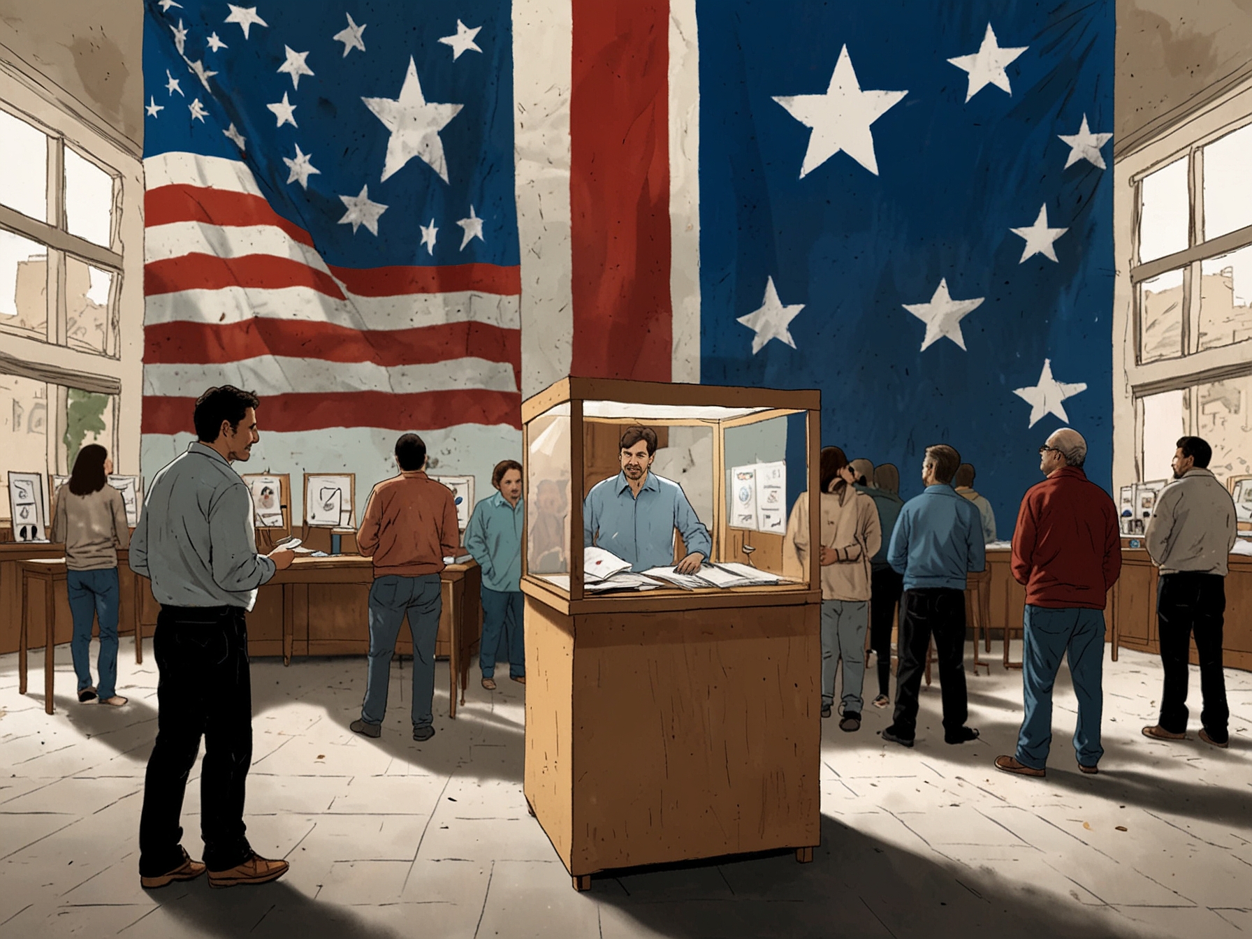 An image depicting an election scene in Uruguay, featuring voters at polling stations, highlighting the democratic process amidst a backdrop of national flags.