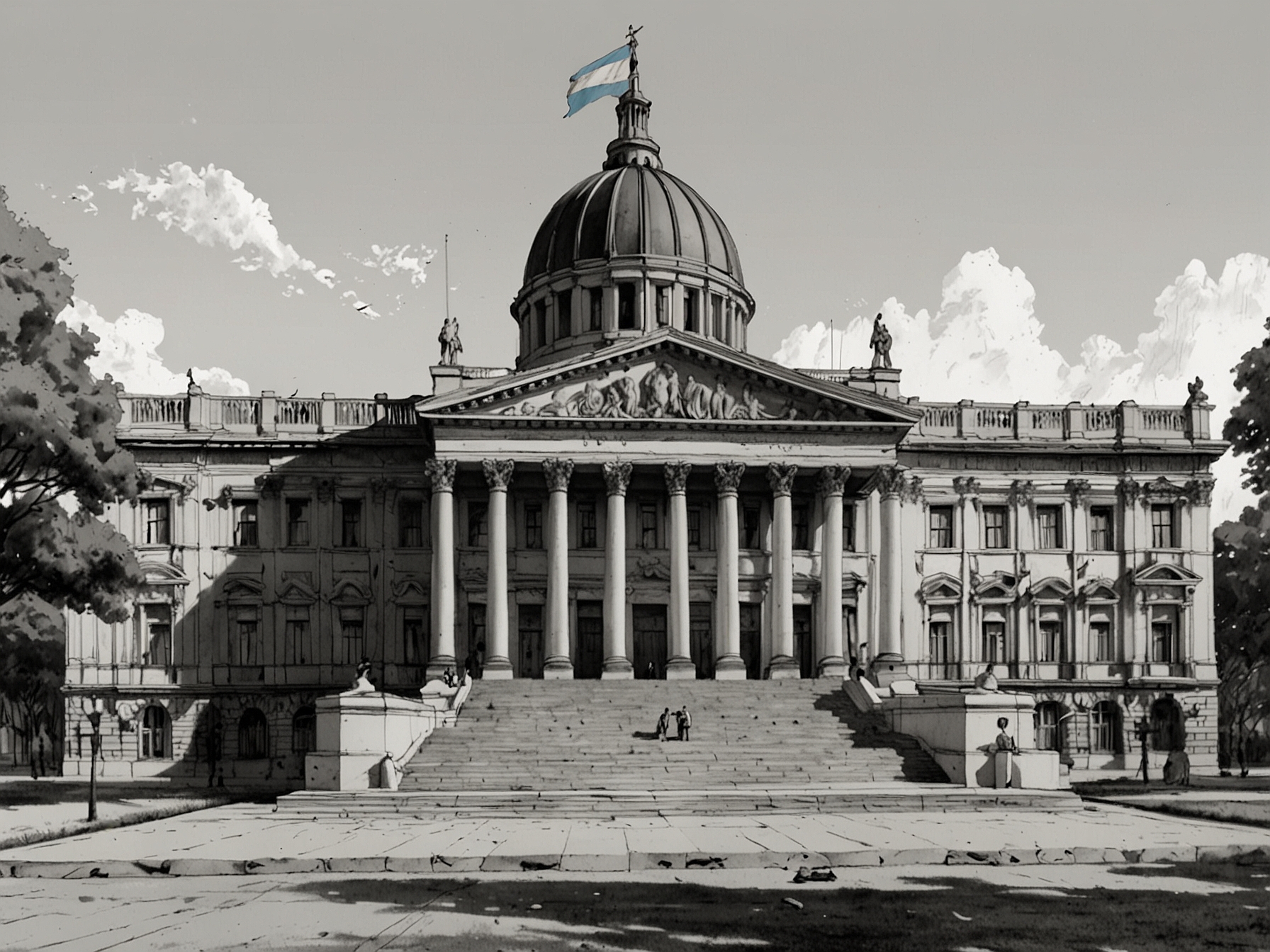 An illustration of President Javier Milei contemplating legal documents, representing the urgency and complexity of judicial appointments in Argentina.