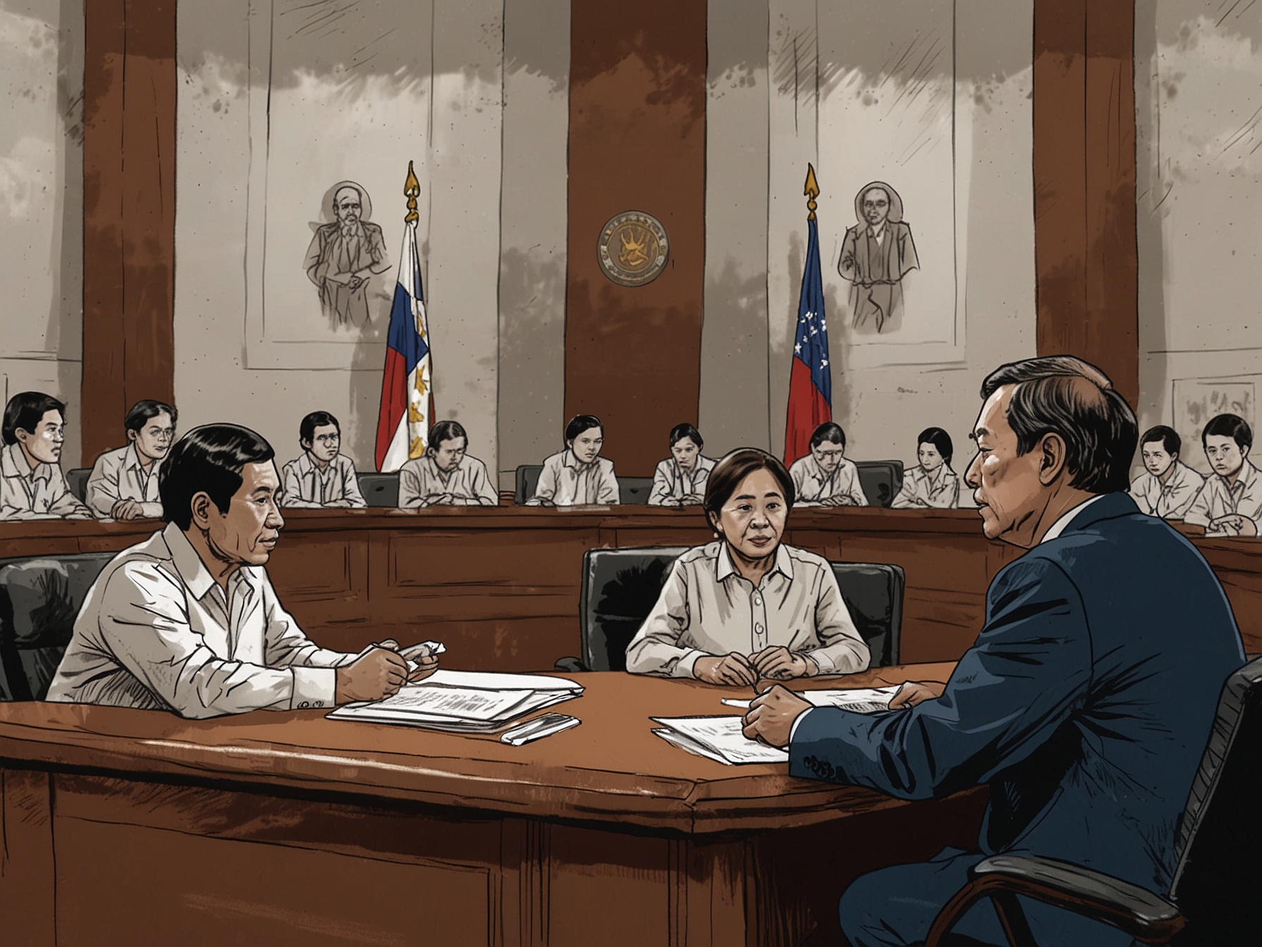 A tense political meeting at the Philippine Congress, with key figures looking anxious as they discuss security and governance issues following recent assassination claims.