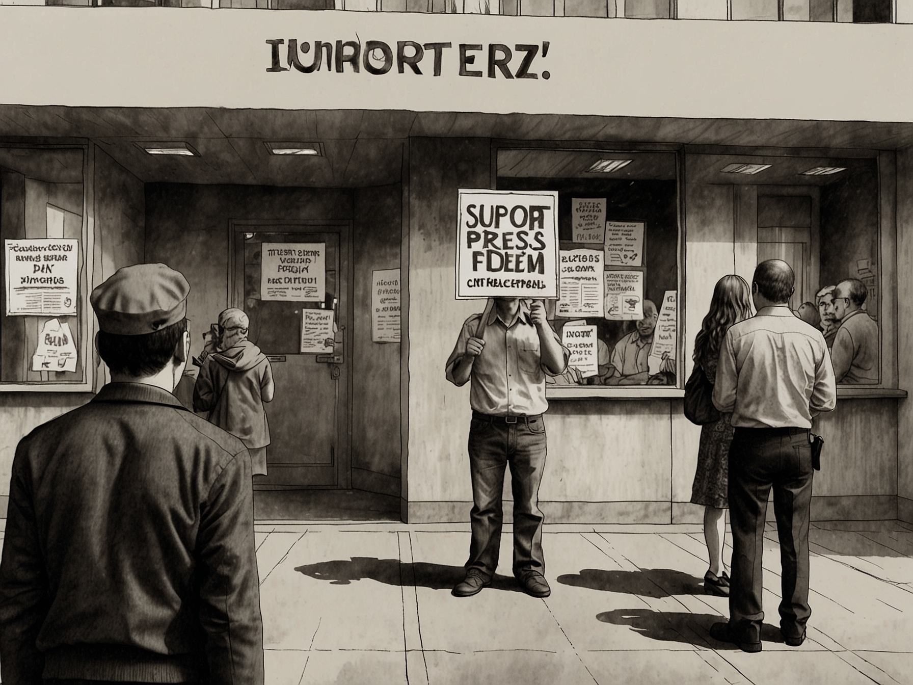 A protester holding a sign that reads 'Support Press Freedom' in front of the Haaretz newspaper office, symbolizing the public's stand against media censorship in Israel.