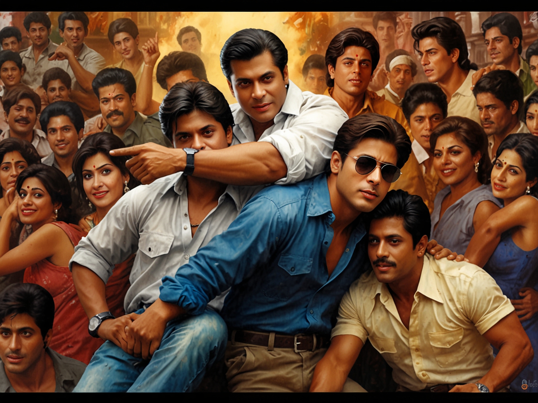 A vibrant collage showcasing iconic scenes from 'Karan Arjun', featuring actors Salman Khan and Shah Rukh Khan, alongside a tribute to Amrish Puri, evoking nostalgia and emotional memories from the original 1995 release.