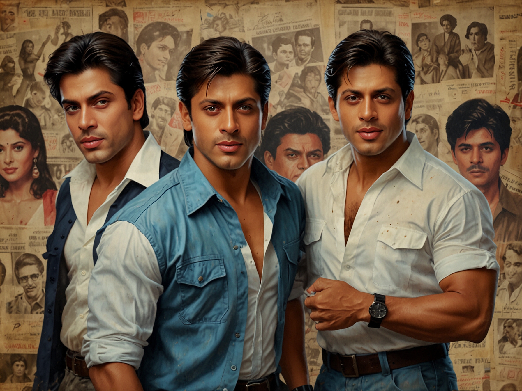 An artistic representation of the film's memorable moments set against a backdrop of film reels, symbolizing the 30 years of 'Karan Arjun' in Bollywood history, stirring emotions and fond memories of its songs.